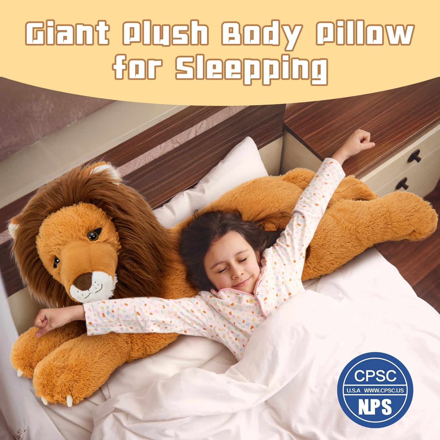 Tezituor 43.3inch Giant Lion Stuffed Animal, Hugging Soft Lion Plush Body Pillow, Realistic Large Stuffed Lion Plush Gift for Kids