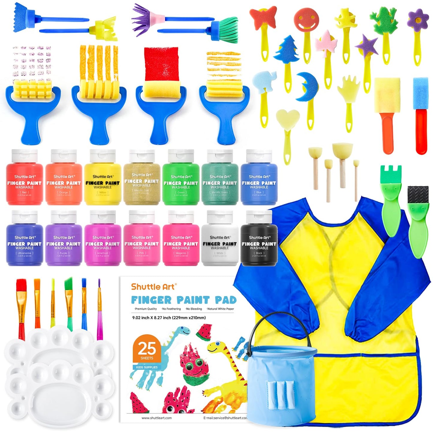 Shuttle Art Washable Finger Paint Set, 46 Pack Kids Paint Set with 14 Colors(60ml) Finger Paints, Brushes, Finger Paint Pad, Sponge, Palette, Smock, NonToxic for Toddlers Home Activity Early Education