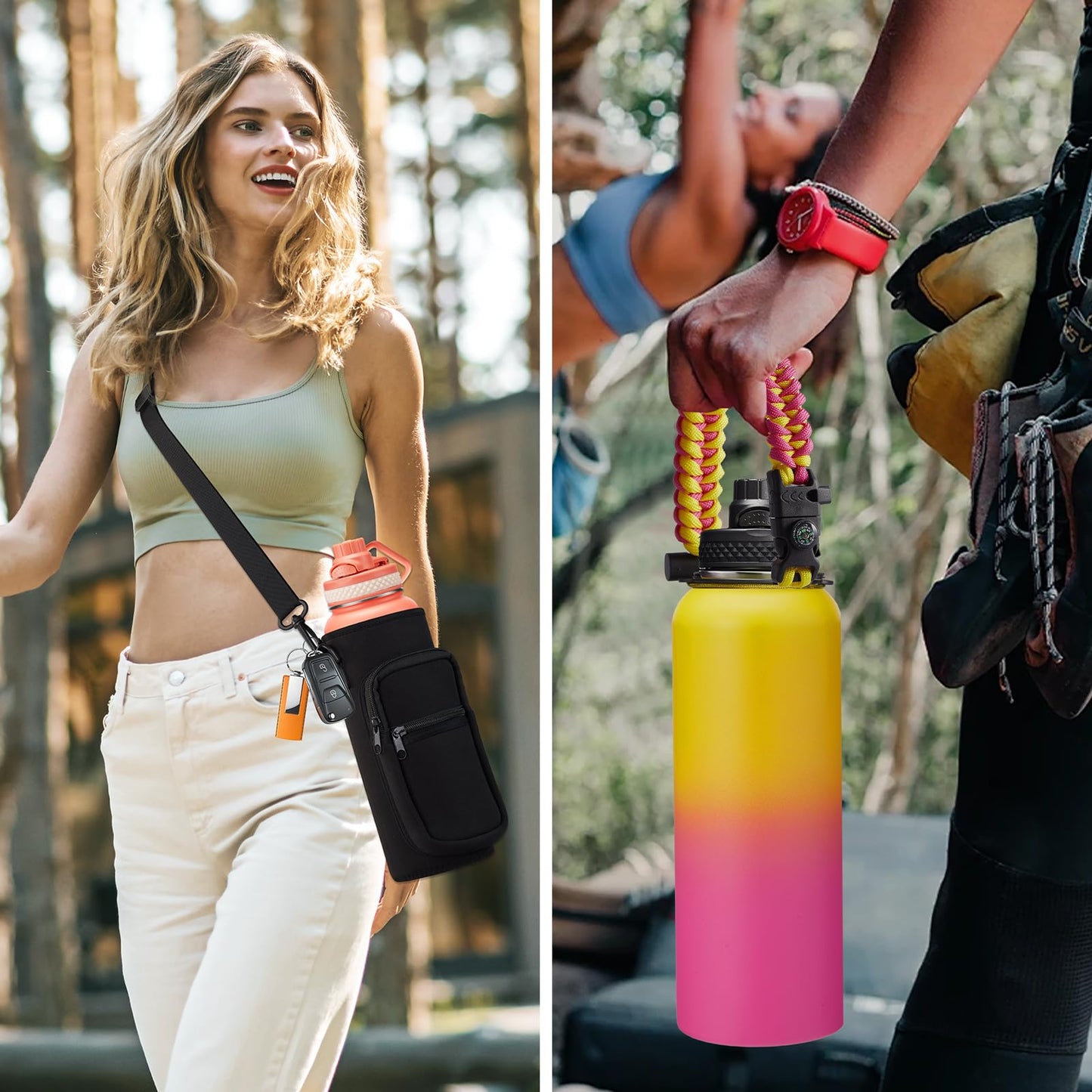 32 40 64OZ Insulated Water Bottle - Keep Cold 48H Hot 24H, Combo Straw & Spout Lids, Survival Paracord Handle, Bottle Carrier Bag w/Strap, Protective Cup Mat, Stainless Steel Flask Jug