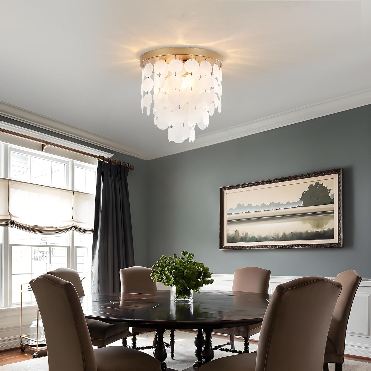 PUZHI HOME 11.8 Inch Gold Flush Mount Ceiling Light Fixture with Natural Capiz Shells, Dimmable 3-Light Modern Coastal Lighting for Bedroom, Living Room, Kitchen, Dining Room, Hallway, Closet