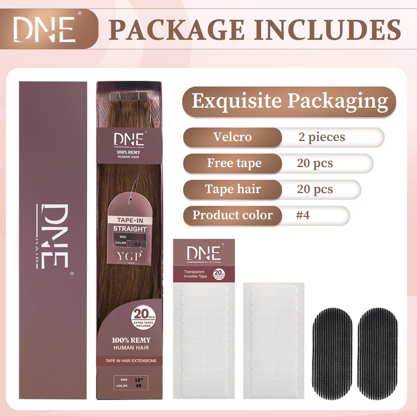DNE Tape in Hair Extensions Real Human Hair 18 inches 20Pcs/50g/Pack Seamless #4 Medium Brown Dark Color Straight Invisible Double Sided Tape in Hair Extensions for Women/Girls Can Be Curled and Dyed