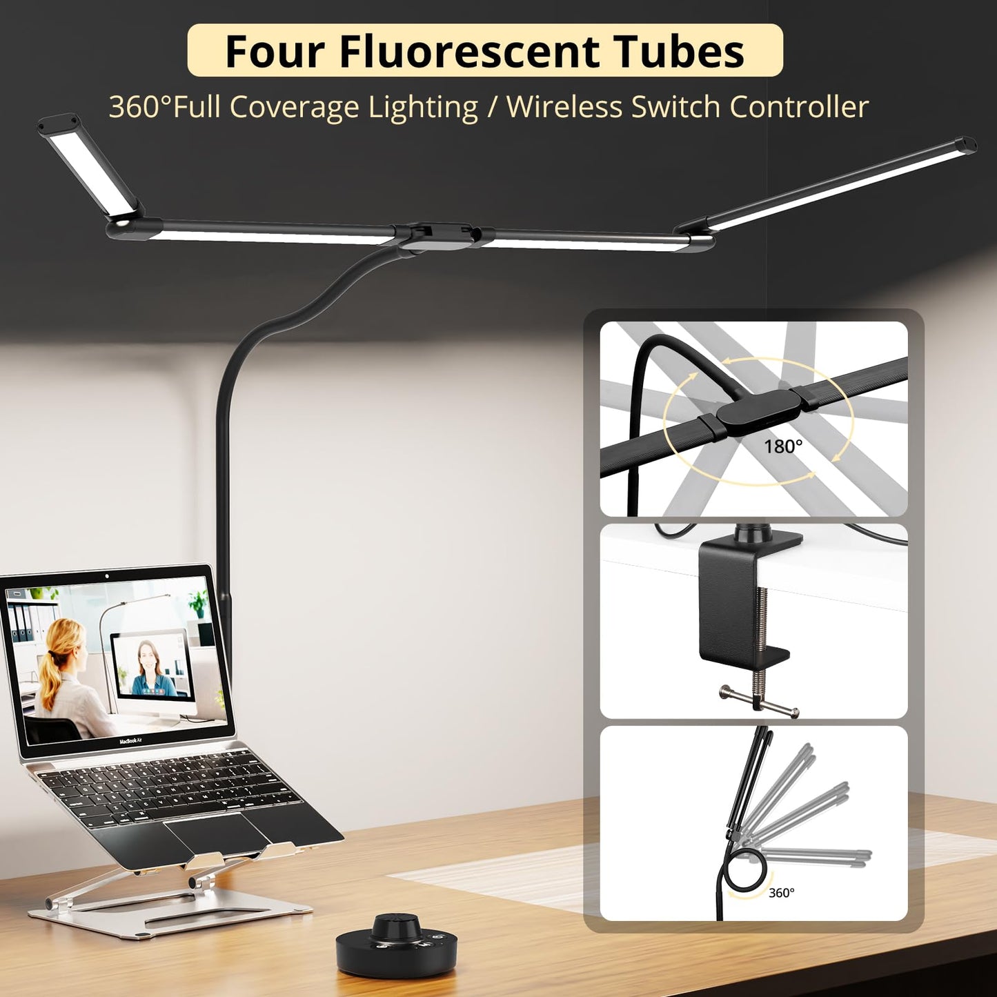 Aeropak Desk Lamp, Clamp Desks Lamps for Home Office, 24W Flexible Gooseneck Table Lamp, 10 Color Modes & Brightness Eye-Caring Desk Light w/USB Adapter (12V2A Black)