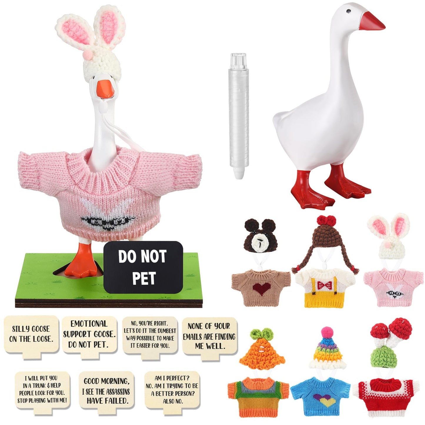 RattanView 23 Pcs Magnetic Resin Goose Statue Goose Outfits with Mini Knitted Outfit Writable Interchangeable Sign Chalk for Valentine Day Gift New Apartment House Warming Office Table Desk Home Decor