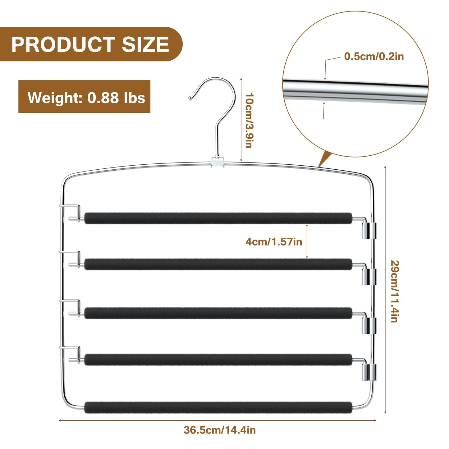 Cycleacc Pants Hangers, 6 Pack Anti-Slip Space Saving Hangers, 5 Layer Swing Arm Pants Hanger Stainless Steel with Non-Slip Padding, Closet Organizers & Storage for Pants Trousers Jeans Scarf