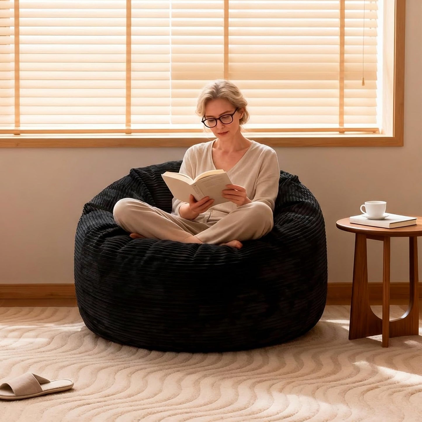 Yagamo Medium Bean Bag Chairs, 3FT Bean Bag with Memory Foam Filling, Bean Bag Chairs with Removable Striped Plush Cover, Cozy Beanbags for Living Room Bedroom Dorm Office - Black