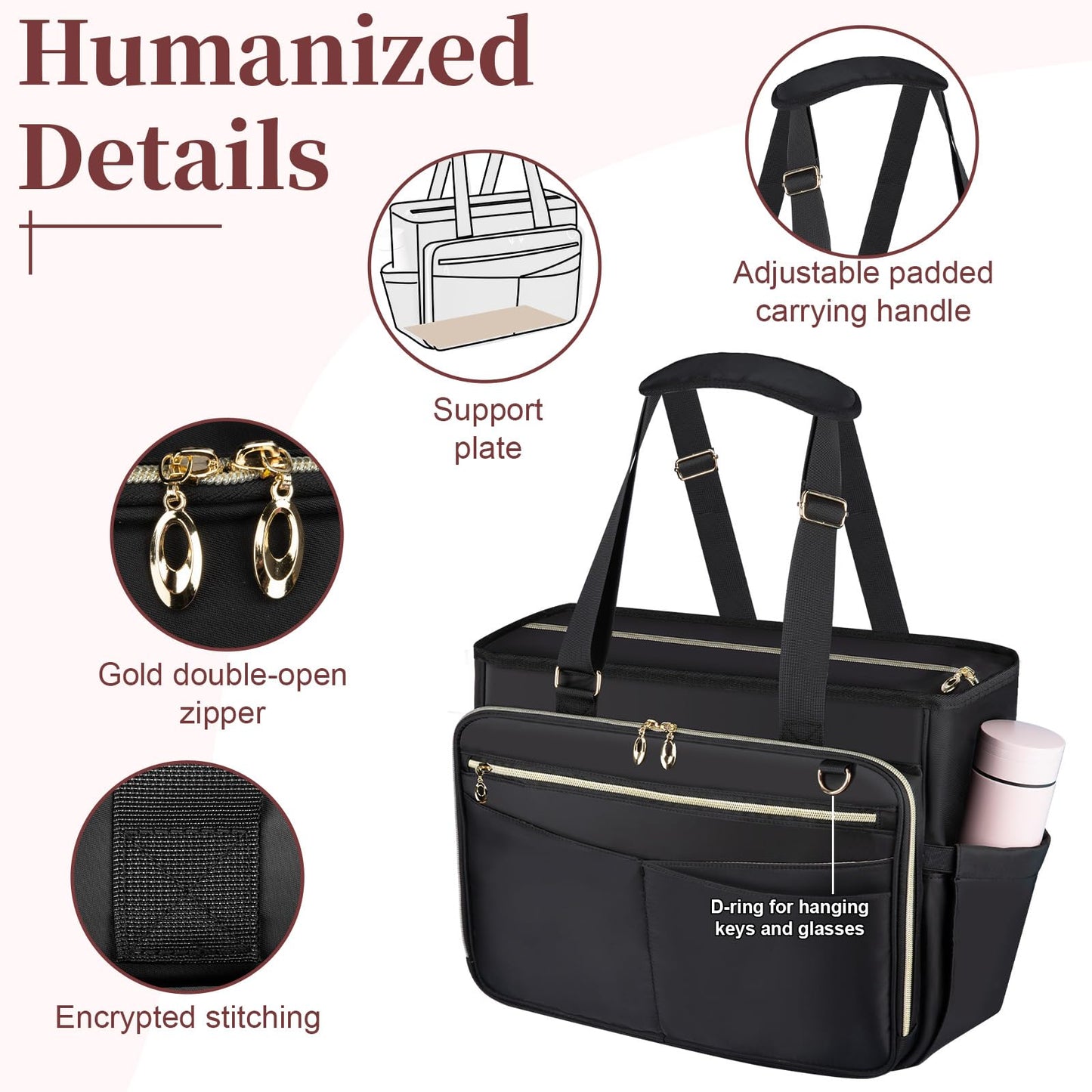 Wigojoy Teacher Bag, Women Work Bags with Foldable Document Pocket, 15.6-inch Laptop Compartment, Adjustable Handle, Support Panel and Insulated Pocket. Fit for Nurse Bag, Work Briefcase or Travel Bag