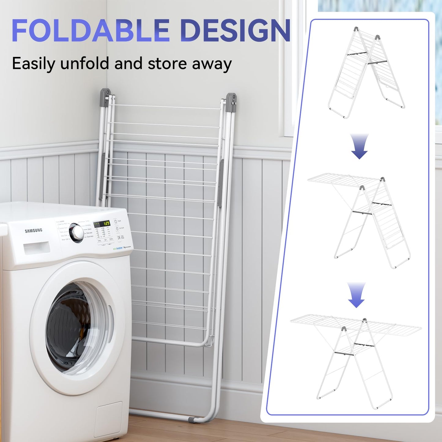APEXCHASER Clothes Drying Rack, Foldable Oversized Drying Rack Clothing with U-Shaped Foot Cover, Height-Adjustable, Multi-Bar Laundry Rack, Indoor Outdoor Use, 20.47"D x 70"W x 42.52"H, Pearl White