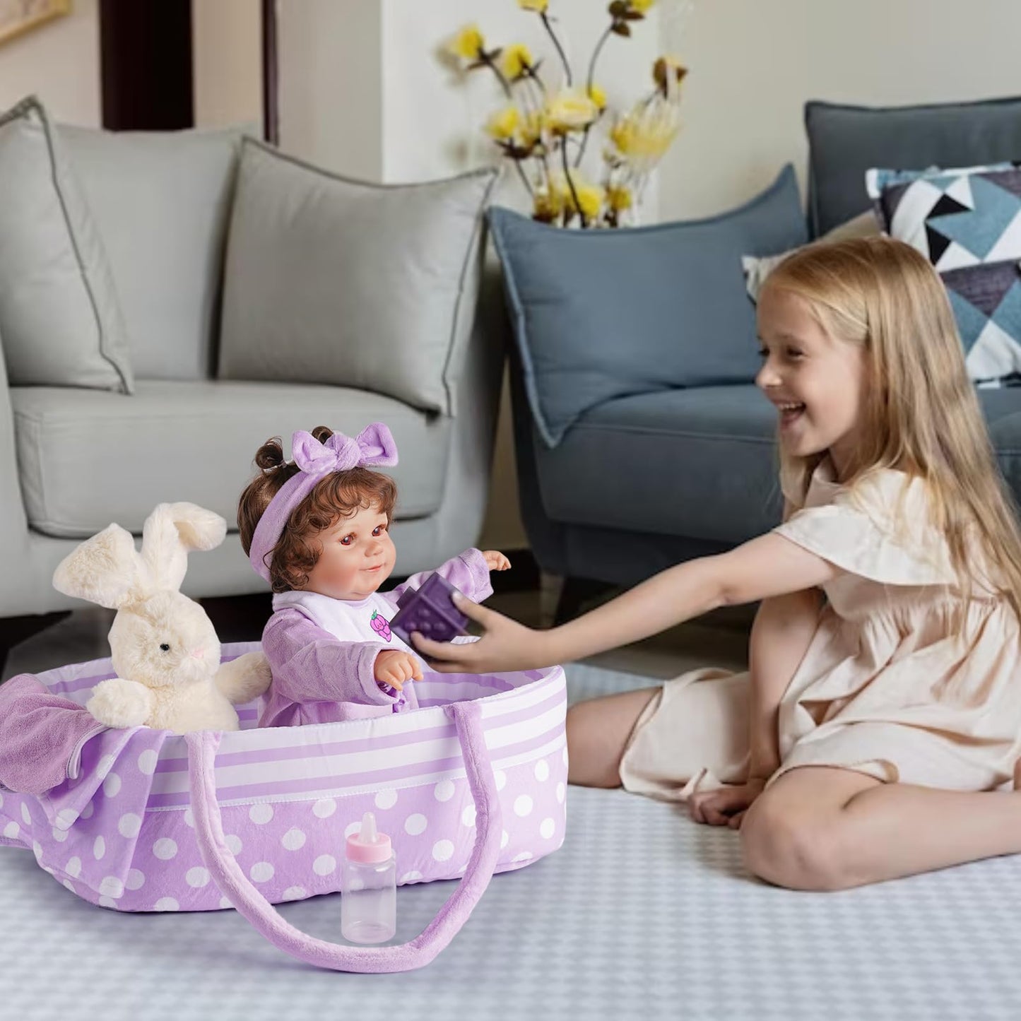 BABESIDE 8 Pcs Baby Doll Accessories, Reborn Baby Dolls Clothes with Bassinet for 17-22 Inch Baby Dolls, Outfit fit Newborn Babies Doll Girl, Babies Pretend Play Set
