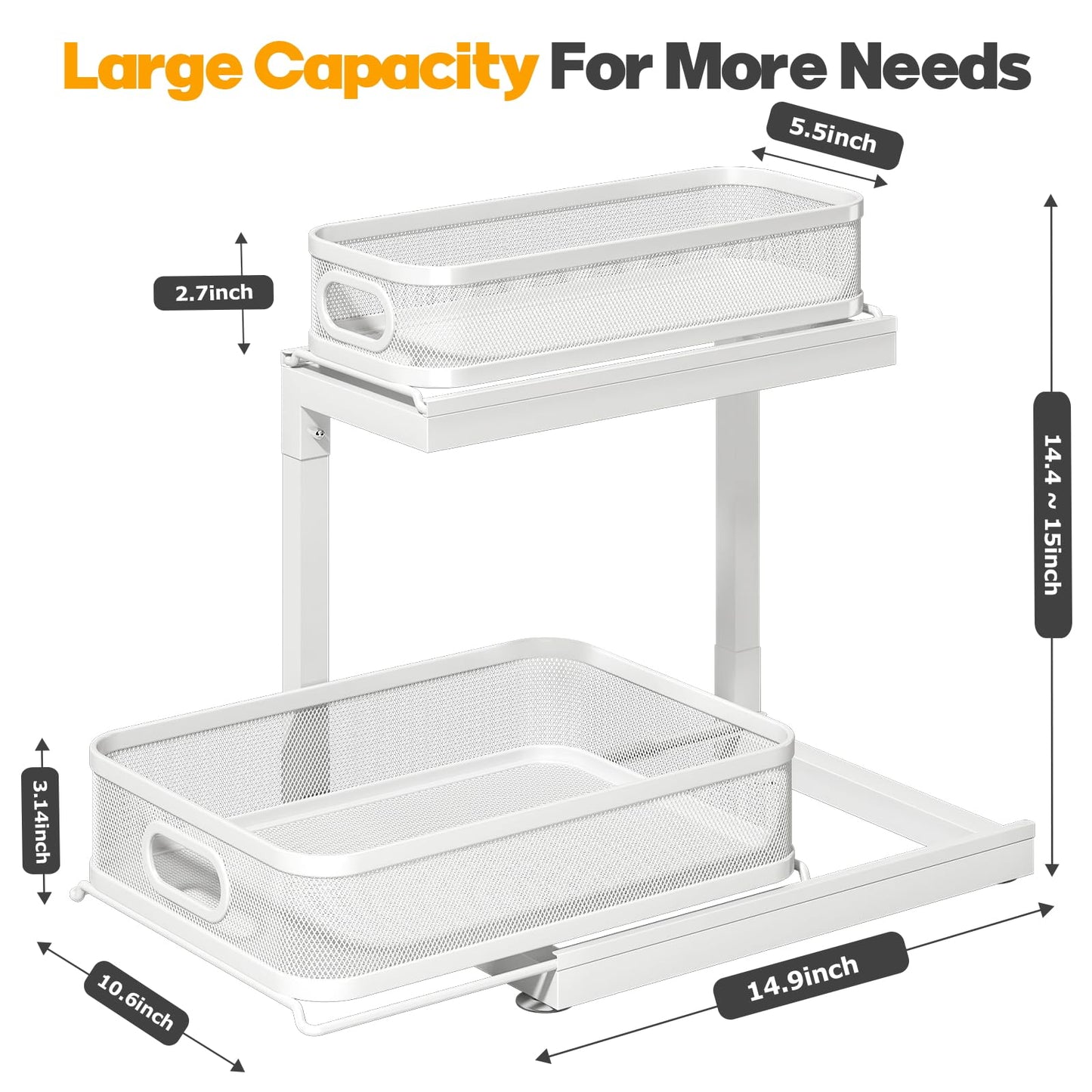 2-Pack Under Sink Storage Organizer with 2-Tier Slide Out Drawer, Sophisticated Mesh Pull Out Shelf for Kitchen & Bathroom, Fits Small Items, Upgraded Arched Track for Smooth Gliding(Patented)