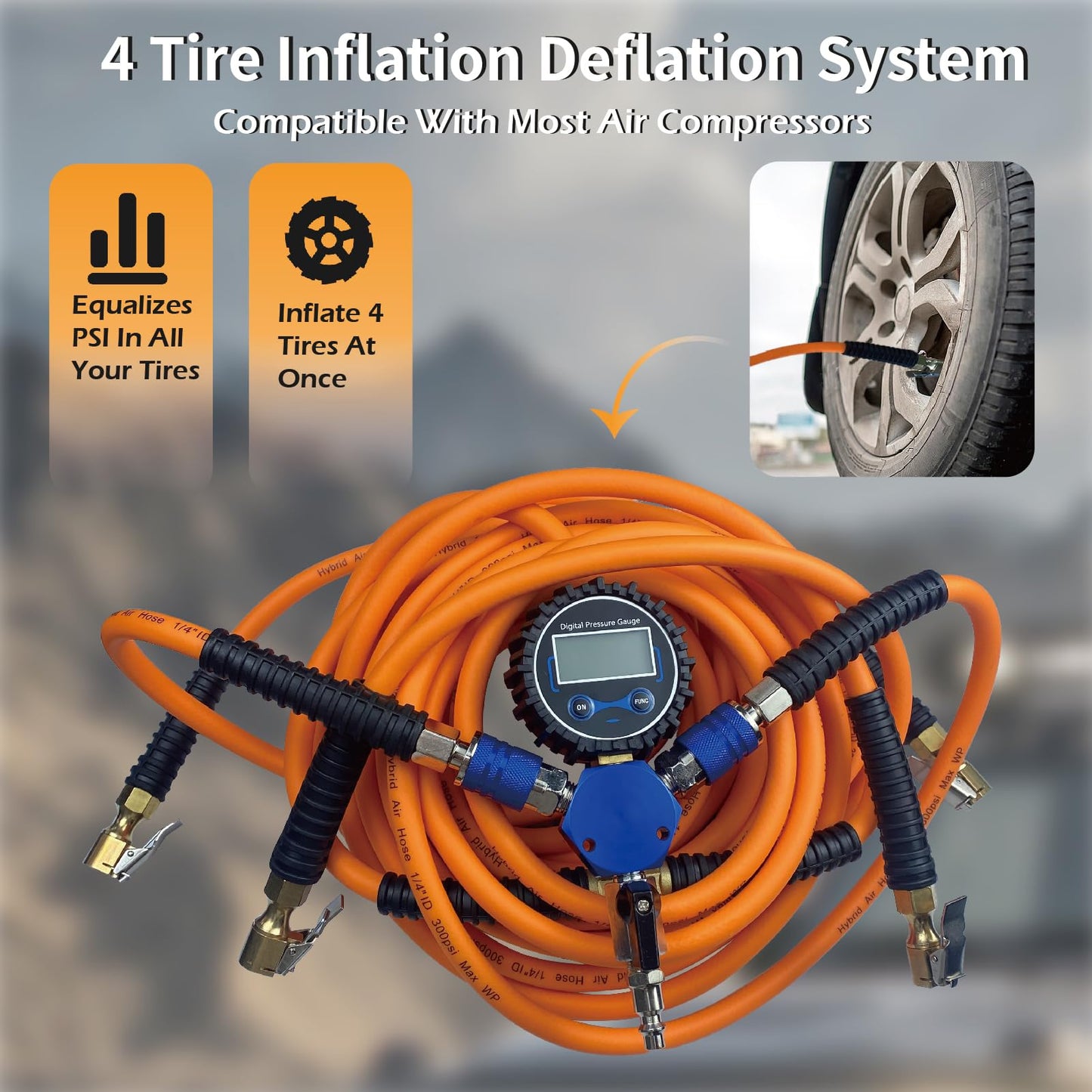 4 tire Inflation System,4 tire Inflation deflation System，4 Way tire inflator System with Closed Flow Air Chuck Digital Tire Pressure Gauge Compatible with HPA Tanks and Compressors