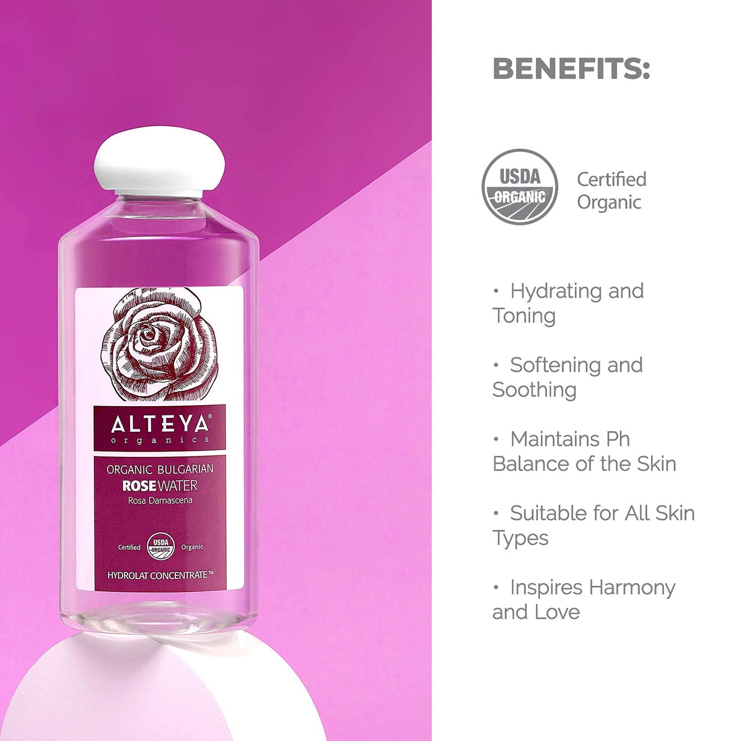 Alteya Organics Rose Water, Organic Facial Toner, 34 Fl Oz/ 2x17 Fl Oz Bundle, Pure Bulgarian Rosa Damascena Flower Water, Award-Winning Moisturizer, BPA-Free Bottle with Reducer