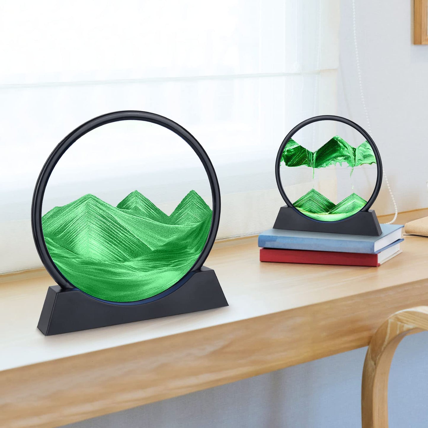 Herecanli Moving Sand Art Picture - 3D Quicksand Painting Decor - Round Glass 3D Deep Sea Sandscape - Relaxing Decoration for Home,Office,Desk,Mantle,Bookshelf,Room- (Green, 12 in)