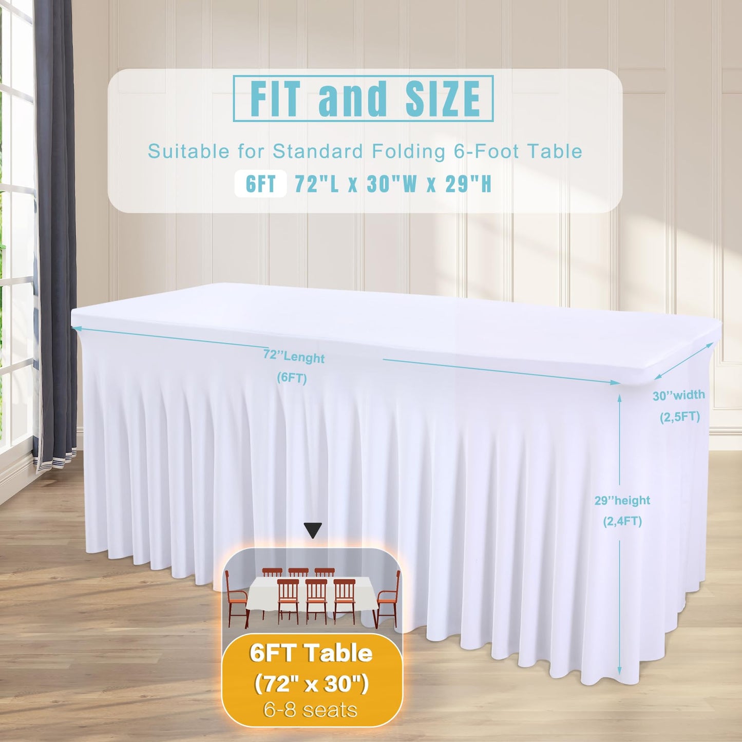 4 Packs White Table Clothes for 6 Foot Rectangle Tables, One-Piece Wrinkle Resistant Stretch Spandex Table Covers with Skirt for Event Banquet Wedding Birthday Party