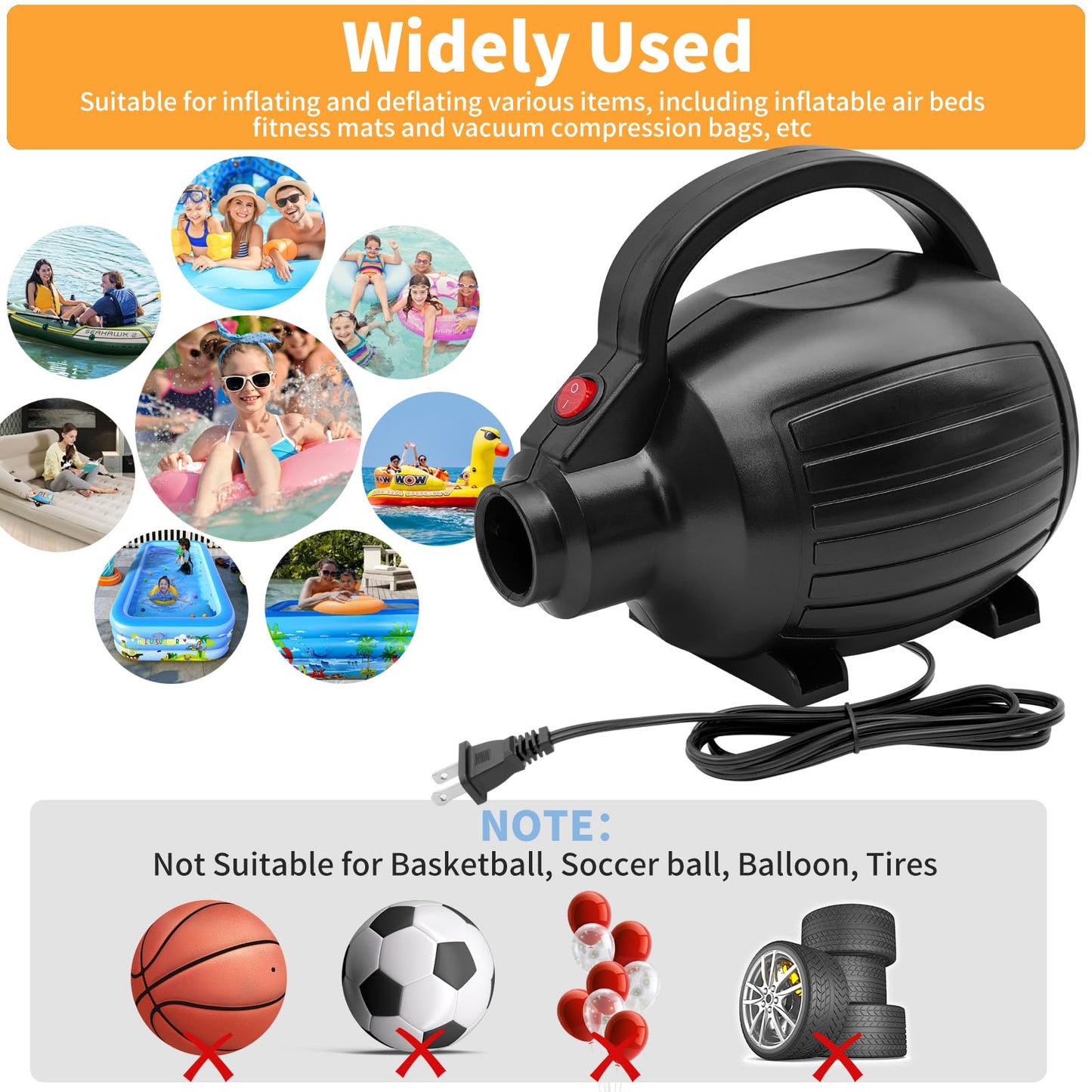 Electric Air Pump for Inflatables, 600W High Power Quick-Fill Air Pump with 4 Nozzles, Inflator & Deflator Pumps for Air Mattress Air Beds/Pool Toys/Pool Floats/Gymnastics Track Mats, AC 110-120V