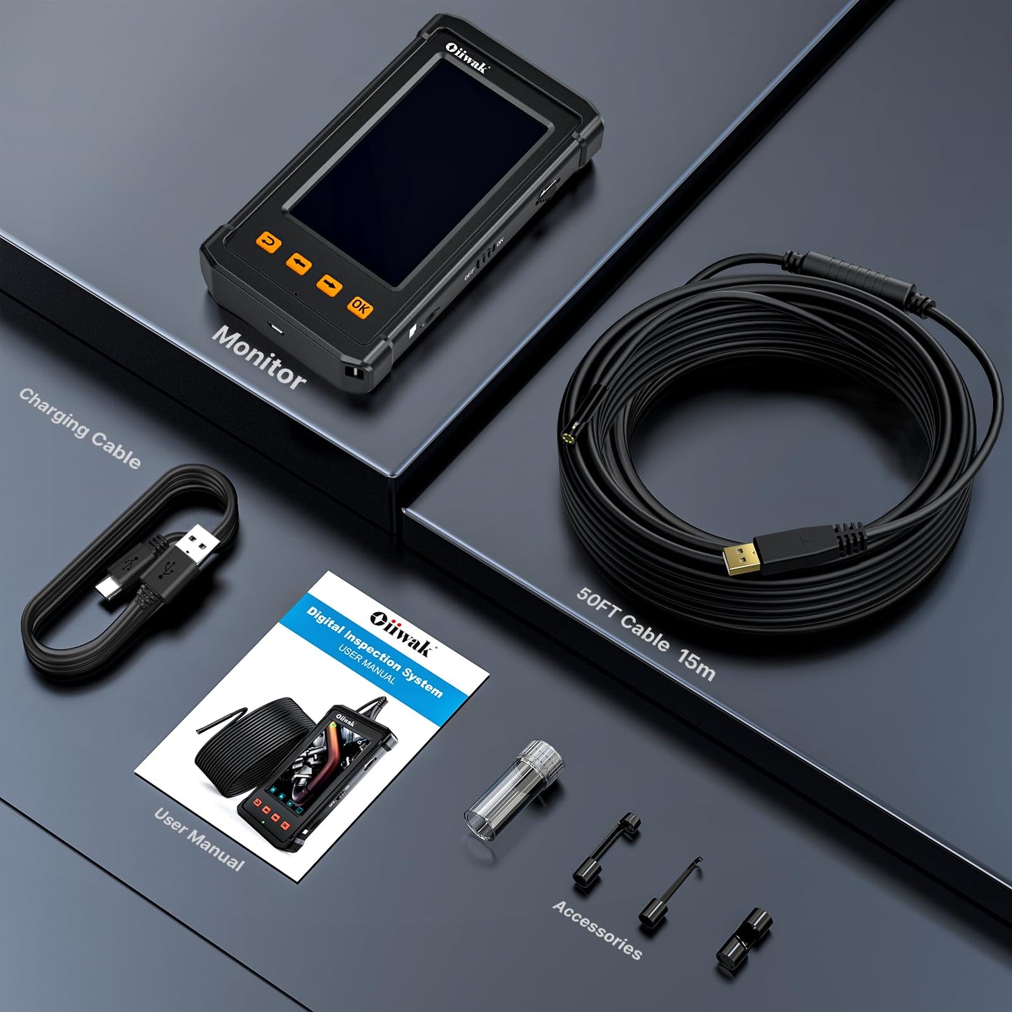 50FT Endoscope Camera with Light, Oiiwak Snake Borescope Endoscope Inspection Camera for Pipe Sewer Drain Plumbing Inspection 1080P HD 4.3" IPS Screen Waterproof IP67