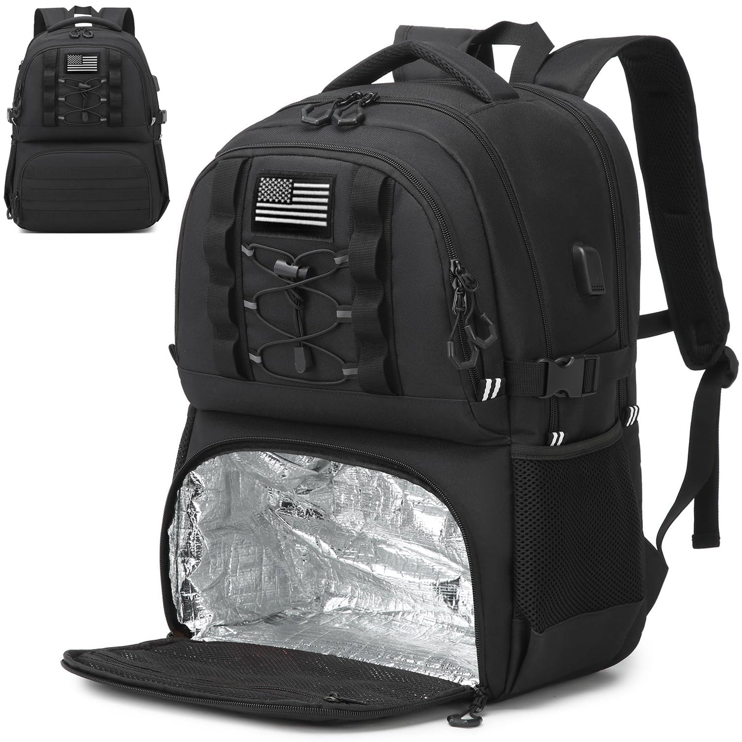 BISKLNDN Laptop Lunch Backpack for Men - 40L Large Capacity Work Lunch Box Backpack with Lunch Compartment and USB Post, RFID Insulated Cooler Backpack for Work, Travel, Picnic, Black