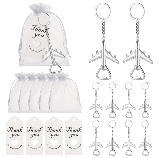 50Pcs Airplane Bottle Openers with Keychain & Keyrings for Wedding Favors, Bridal Shower Gifts for Guests or to make flight attendant gifts for a trip，Include White Sheer Favor Bag Thank You Card