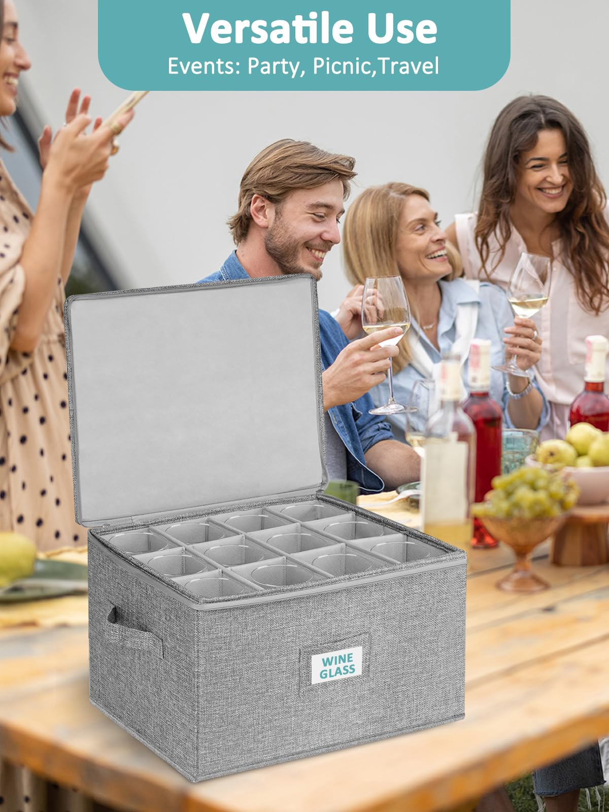 Cirhy Wine Glass Storage Box Hard Shell, Stemware Storage Containers for Moving, Holds 24 Crystal Glasses & Flutes, Stackable Glassware Chest with Dividers, Grey (2-Pack)