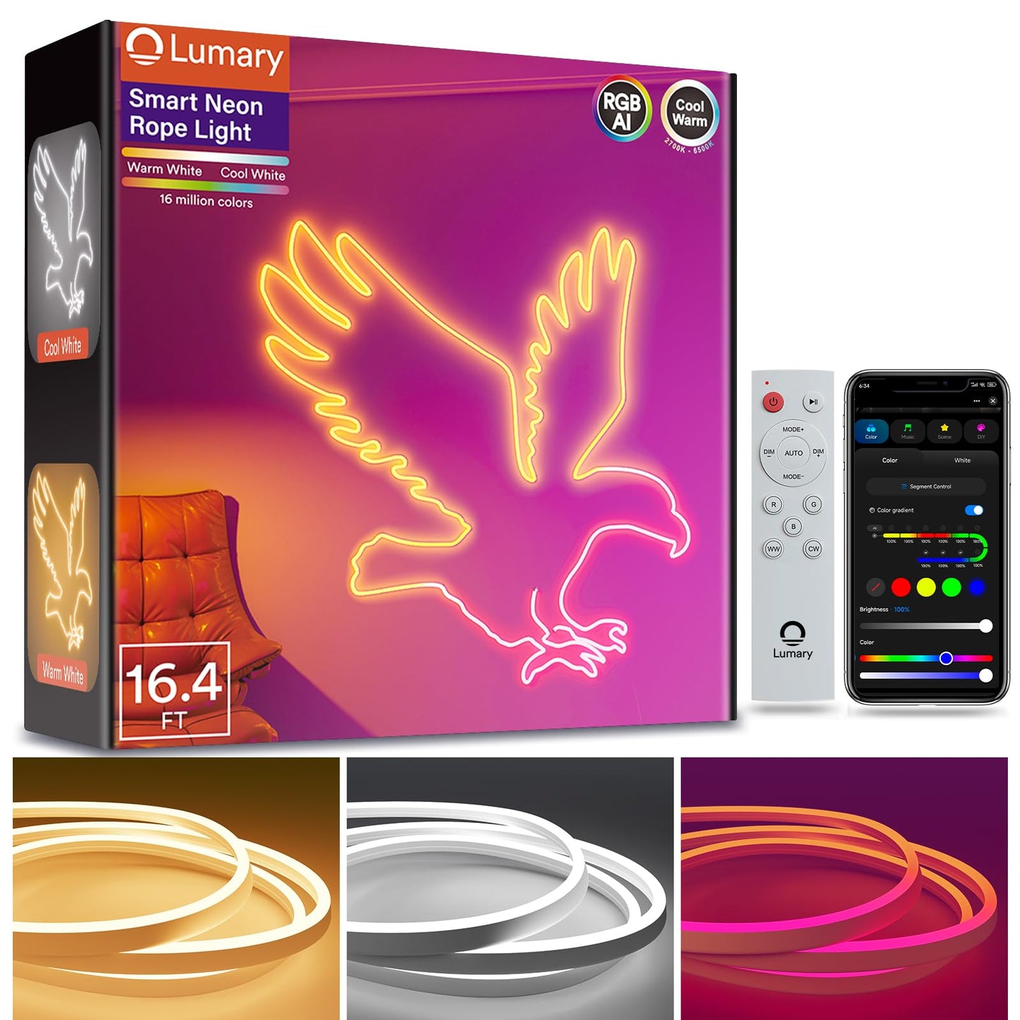 Lumary Smart RGBAICW Neon Rope Lights Indoor, 16.4ft Led Strip Light Works with Alexa/Google Assistant, Warm White to Cool White Rope Light for Bedroom Wall Decor, Halloween, Christmas, 180LEDs/m