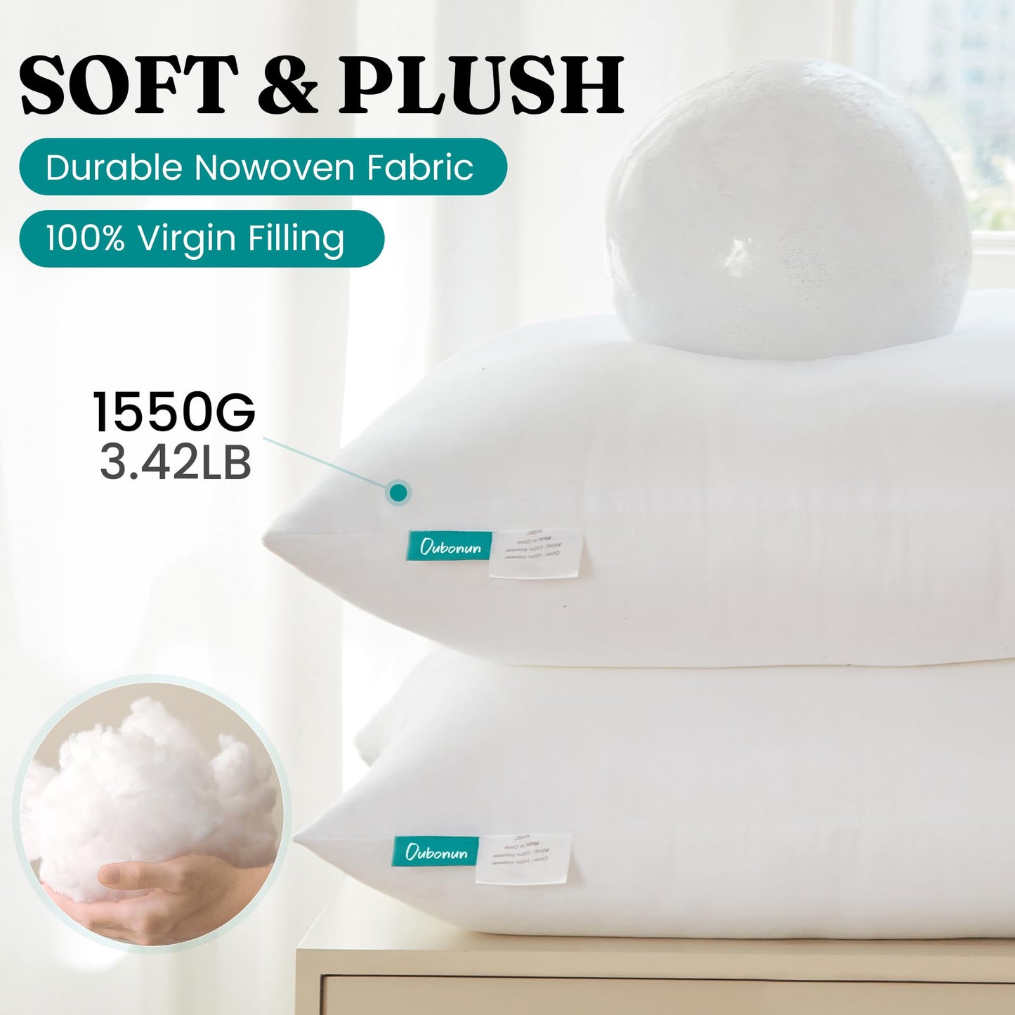 Oubonun 30 x 30 Throw Pillow Inserts - Soft, Plush & Decorative Down Alternative Pillows for Couch Sofa Bed, Machine Washable - White, Pack of 2