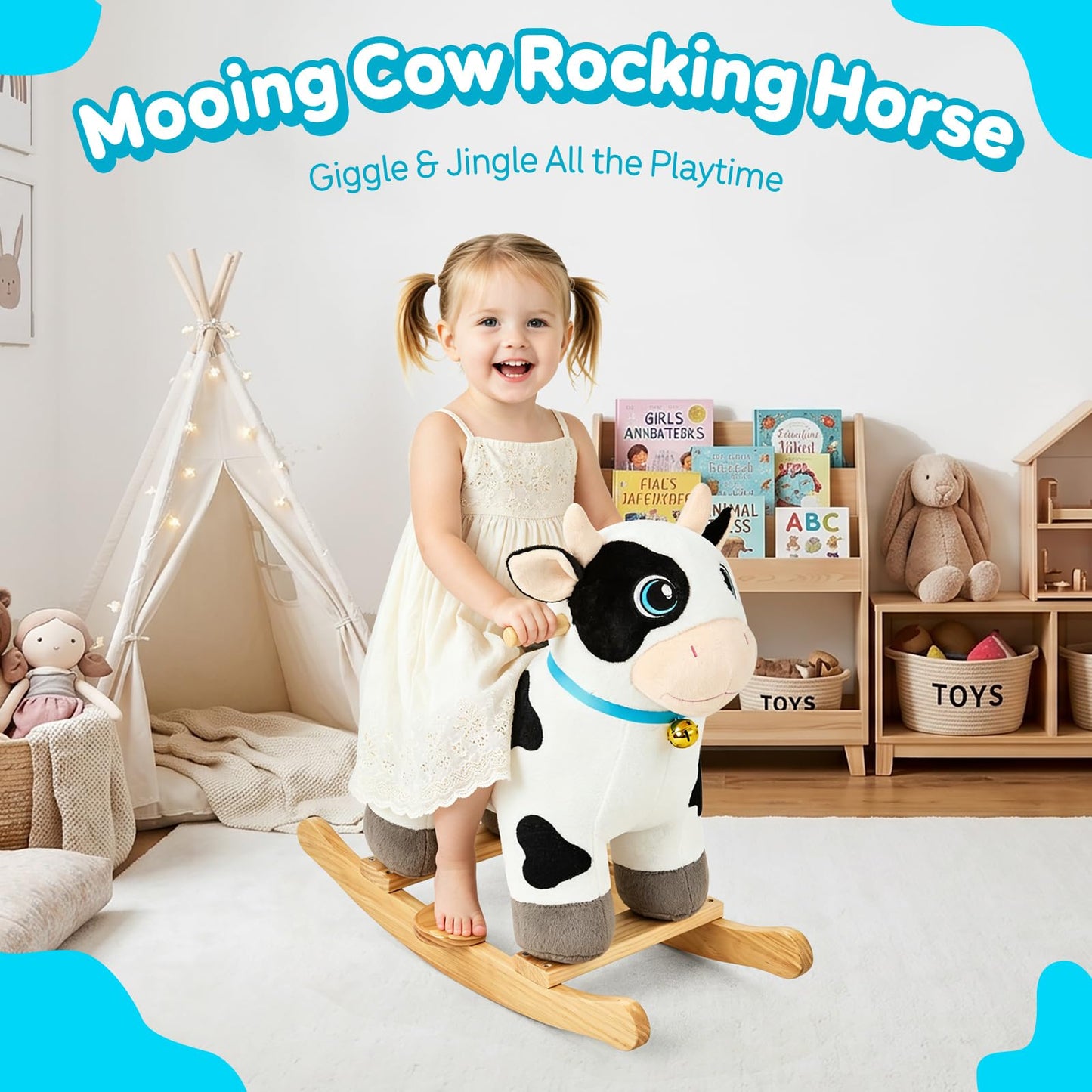 FUNLIO Cow Rocking Horse Ages 1-3, Adorable Baby Rocking Horse with Cuddly Head, Bright Sparkling Eyes & Jingling Bell, Stuffed Plush Ride-on Baby Rocker, Easy to Assemble, CPC & CE Certified
