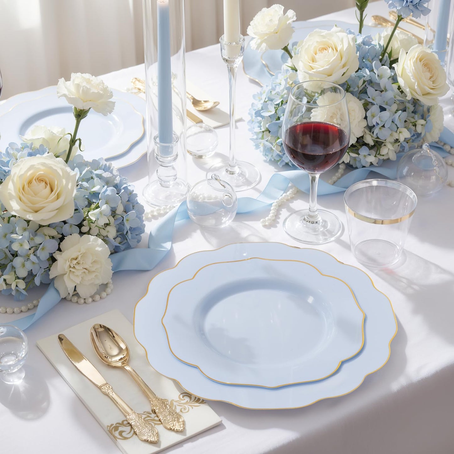 NOCCUR 175PCS Blue Plastic Plates with Gold Disposable Silverware - Include 50 Light Blue and Gold Plastic Plates,25 Knives,25 Forks,25 Spoons,25 Cups and 25 Napkins - Baby Shower/Party/Spring/Wedding