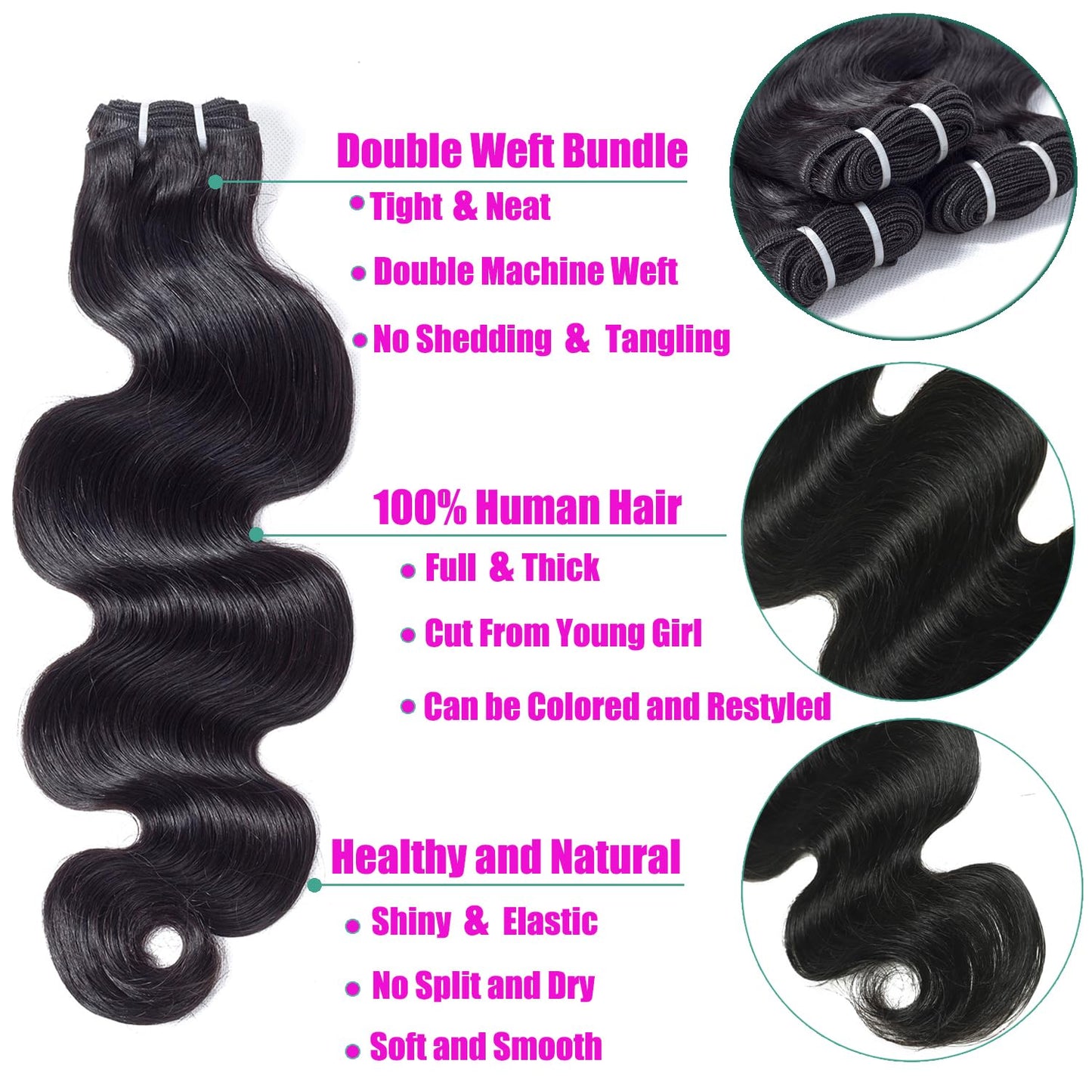12A Body Wave Human Hair Bundles 16Inch Bundles Human Hair 100% Unprocessed Brazilian Virgin Hair Weave Deals Human Hair Extensions for Women Natural Color