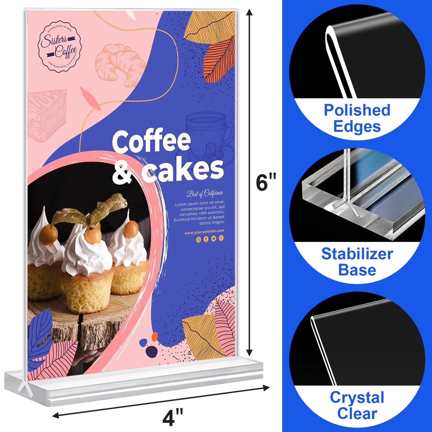 dulvus Acrylic Sign Holder 4x6 Inches 24 Pack, Double Sided Clear Display Stand Table Top Sign Paper Holder, Vertical Menu Flyer Holder, Plastic Sign Frame for Stores, Restaurants, Hotels, Office