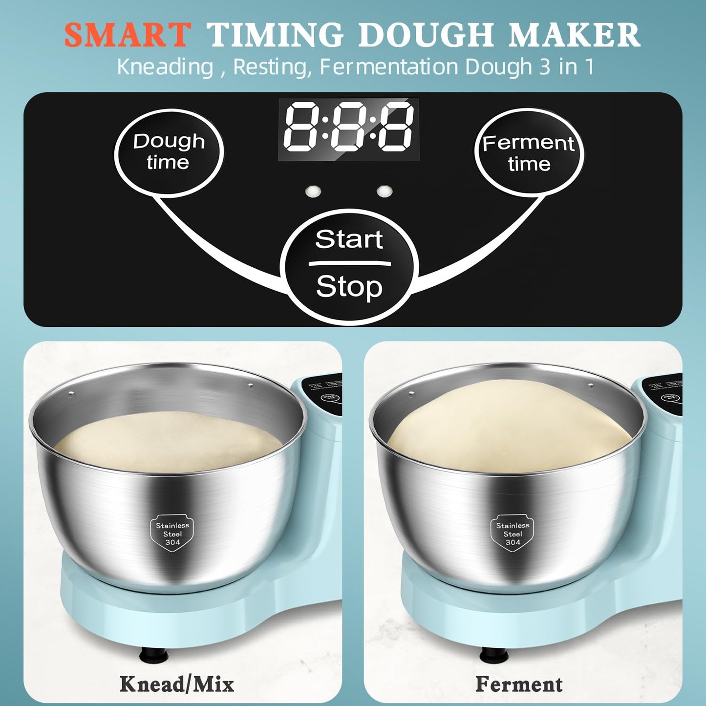 CHeflee Electric Dough Maker 250W,5.5 QT Smart Kneading and Fermenting Mixer Machine,Adjustable Time, 304 Stainless Steel Bowl,Blue