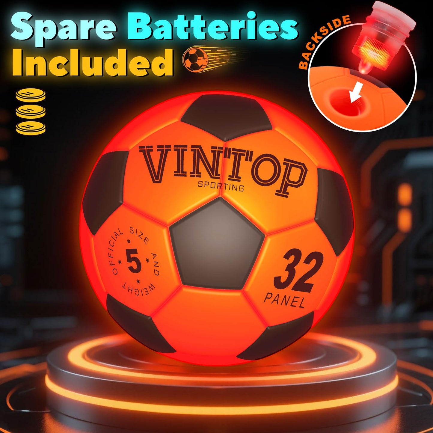 VINTOP Light Up Soccer Ball for Kids Glow in The Dark - No 5 with Pump, Sports and Outdoor Cool LED Light-Up Soccer Stuff, Gift Birthday Ideas for Boy, Girl, Teens