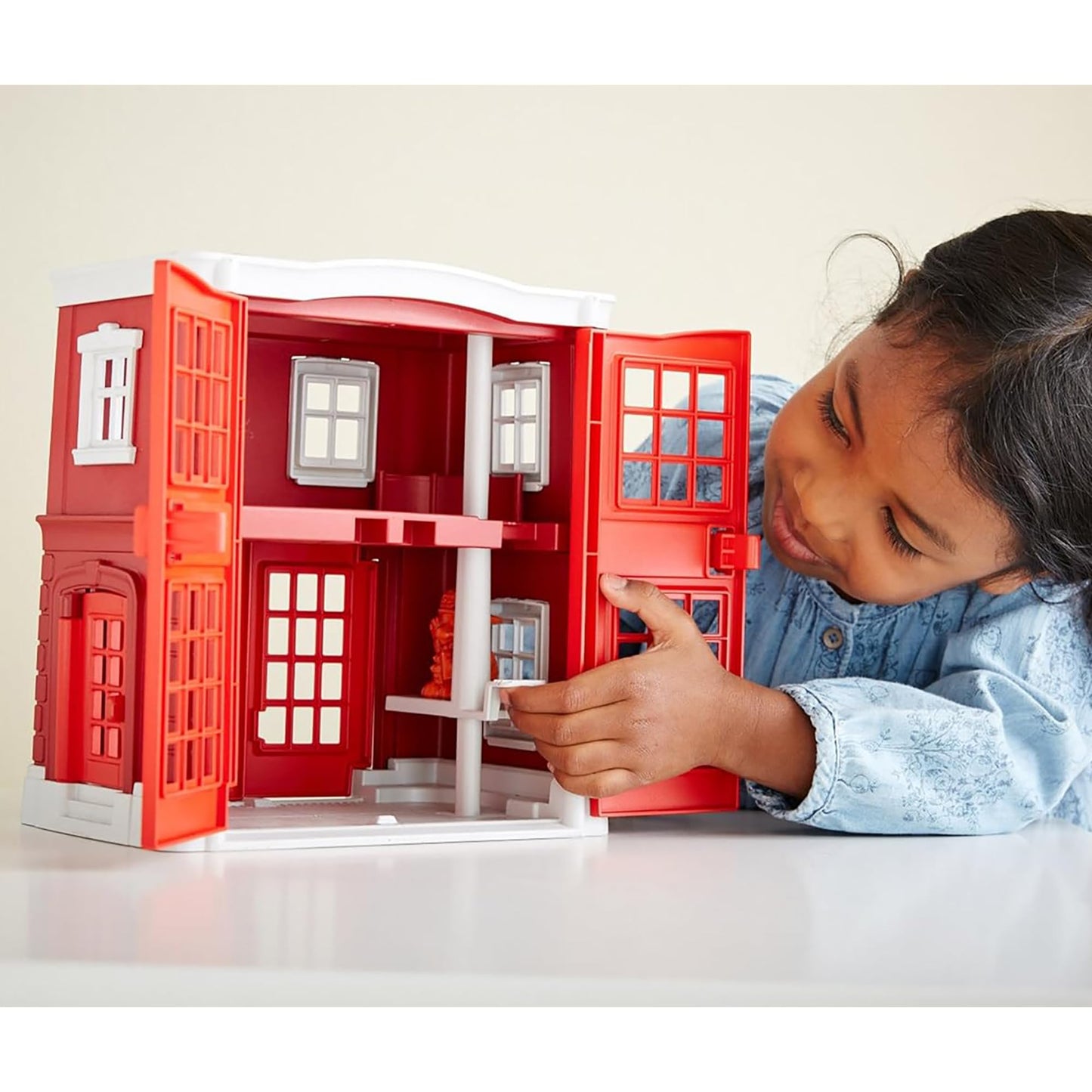Green Toys Fire Station Playset - 8 Piece Pretend Play, Motor Skills, Language & Communication Kids Role Play Toy. No BPA, phthalates, PVC. Dishwasher Safe, Recycled Plastic, Made in USA.