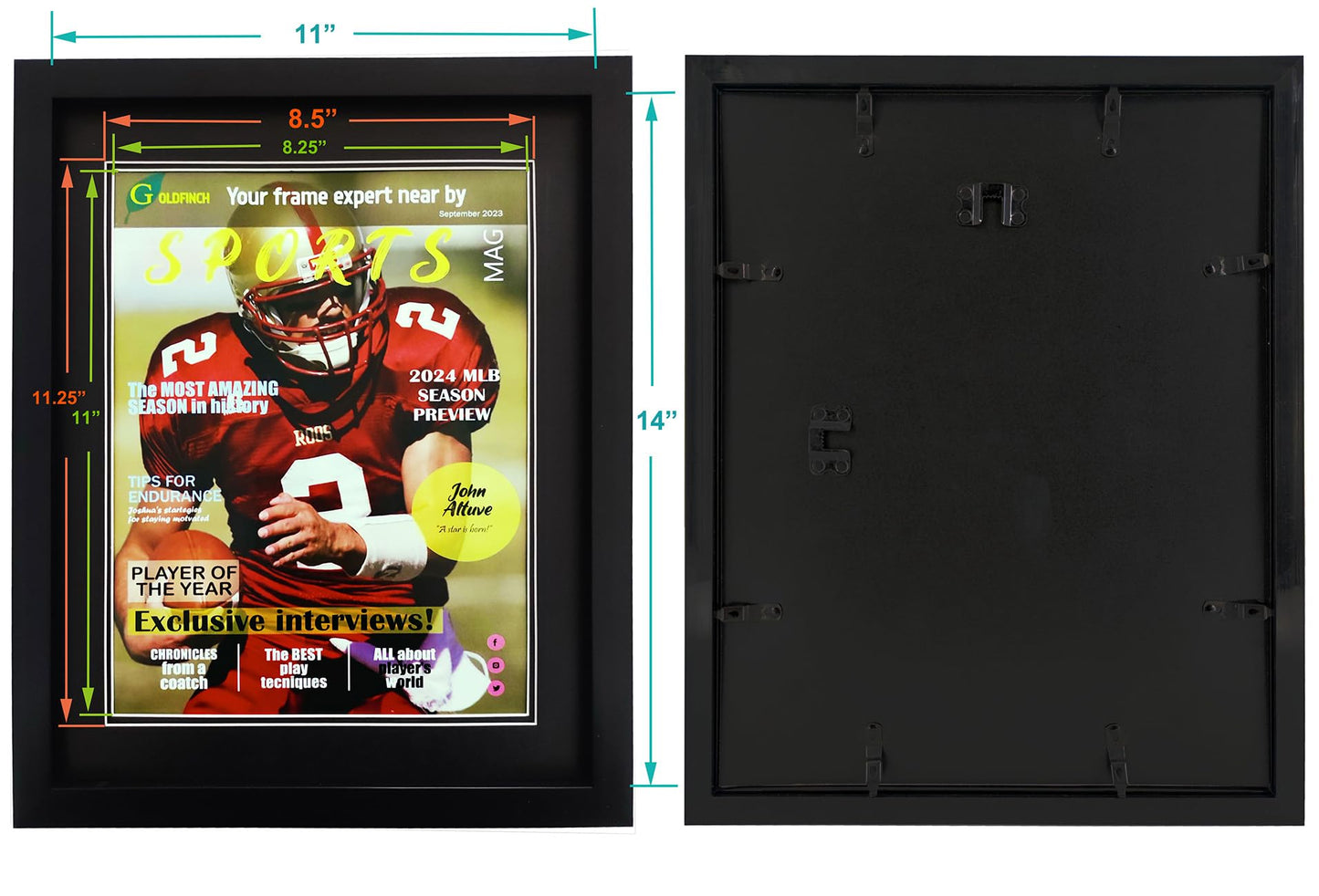 Goldfinch 4 Packs Sports Magazine Frame Displays Magazines Measuring 8.5 x 11.25 or 8.25 x 11 inches with Double Black Core Matting, Deep Frame Moulding, with Installed Hangers