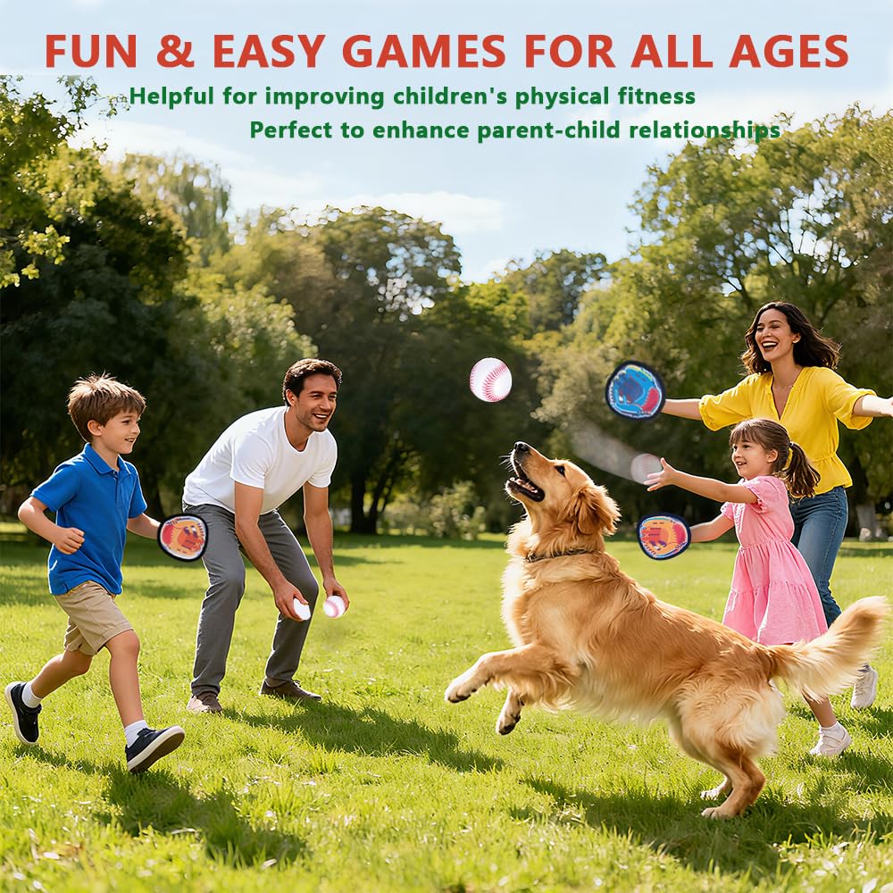 Toss and Catch Ball Game, Kids Toddler Baseball Catch Toy, Outdoor Game for Beach Pool Yard, Birthday Gifts for Boys Girls Age 3-12, 4 Paddles Sticky Ball and Catch Game