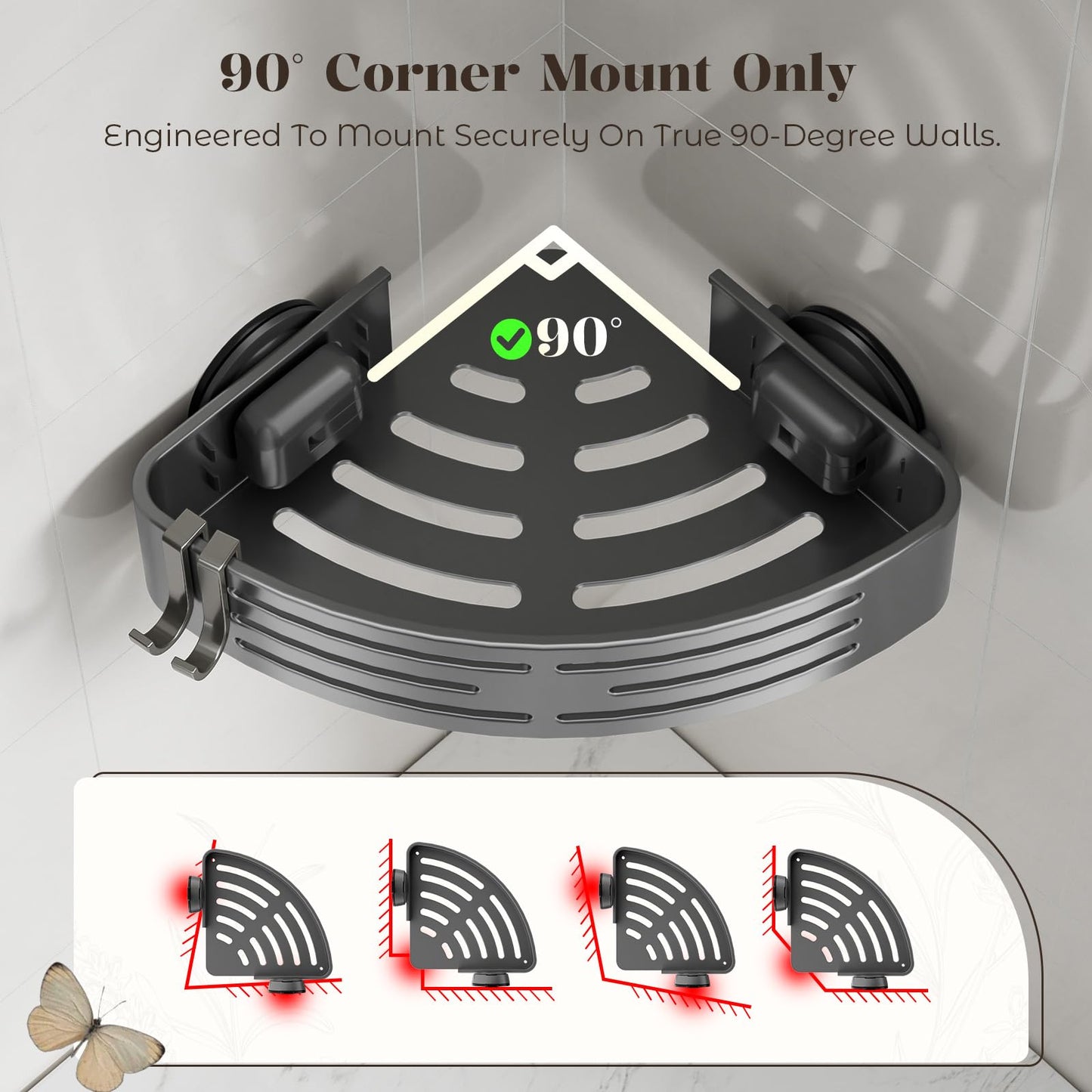 Corner Shower Caddy Suction Cup,Shower Shelves with Hooks,No Drilling Powerful Suction Bathroom Organizers and Storage,Removable Waterproof Rustproof Shower Bathroom Accessories Decor(Grey 2Pack)