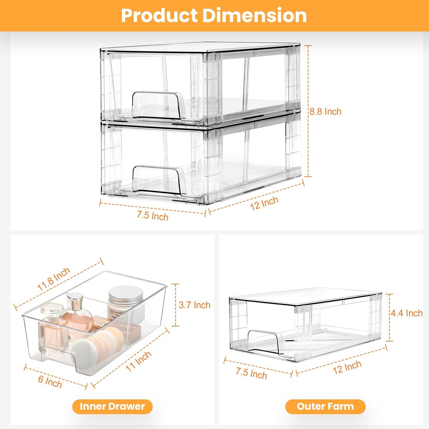 4 Pack Stackable Storage Drawers with Handles, Easy Assembly Clear Acrylic Fridge Organizer, Refrigerator Organizers and Storage for Kitchen, Under Sink, Pantry, Bathroom