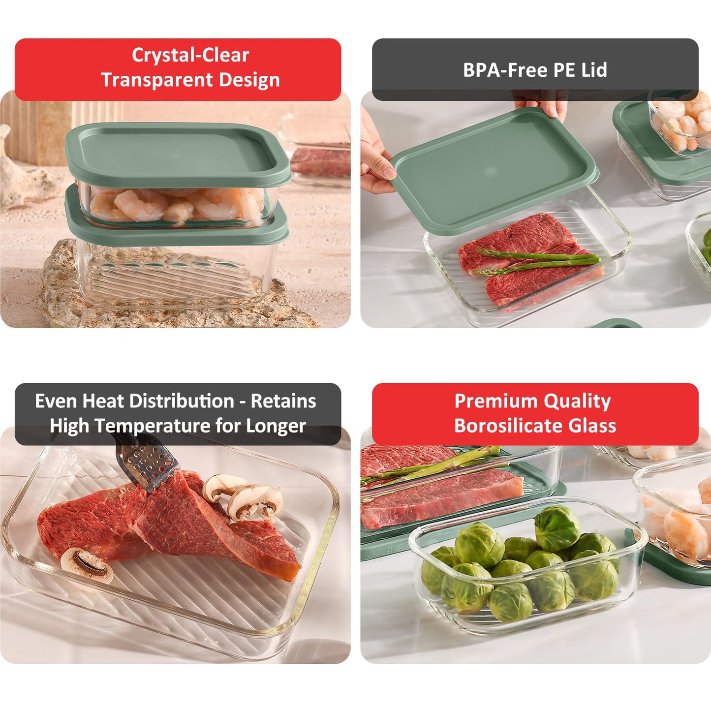 EATEX 14 Pack Glass Meal Prep Containers with Grooved Base, 14 Stackable BPA Free Glass Storage Containers with Lids for Lunch, Pantry, and Kitchen - Microwave, Dishwasher Freezer & Oven Safe - Sage