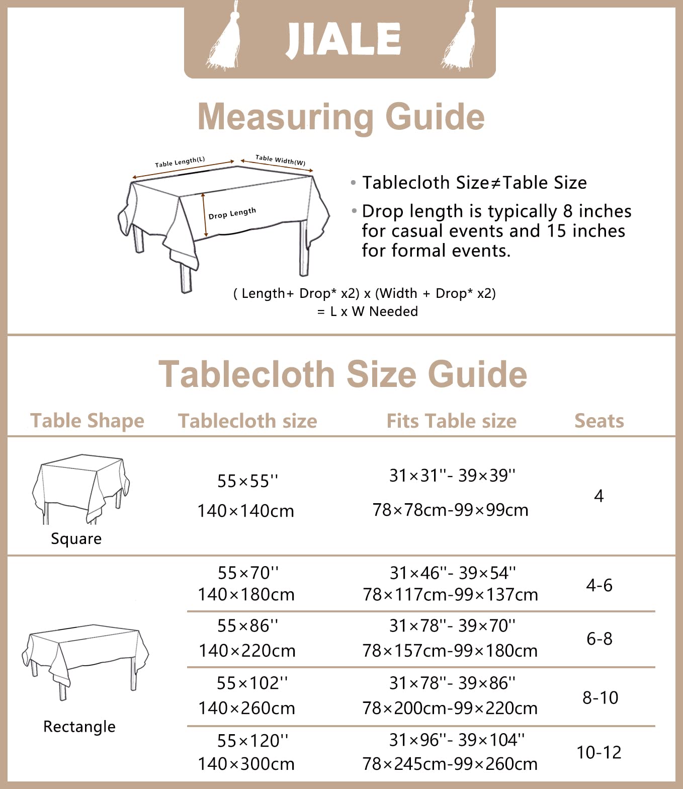 JIALE Tablecloths for Rectangle Tables, Cotton Linen Table Cloth Waterproof Tablecloth Wrinkle Free Farmhouse Dining Tables Cover, Soft Fabric Table Cloths with Tassels, Brown, 55" X 120", 10-12 Seats