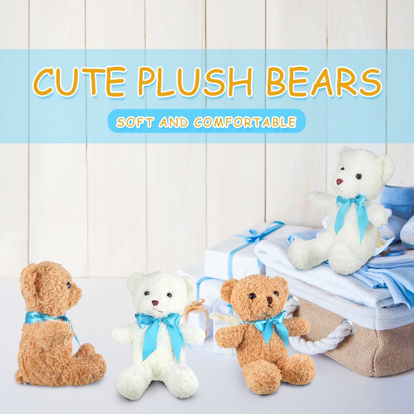 Kathfly 12 Pcs Valentine‘s Day Mini Stuffed Bears Bulk 10 Inch Small Plush Bears Bulk Cute Animal with Ribbon Bow Toy Gift for Birthday Wedding Party Valentine‘s Day Brown White(Blue)