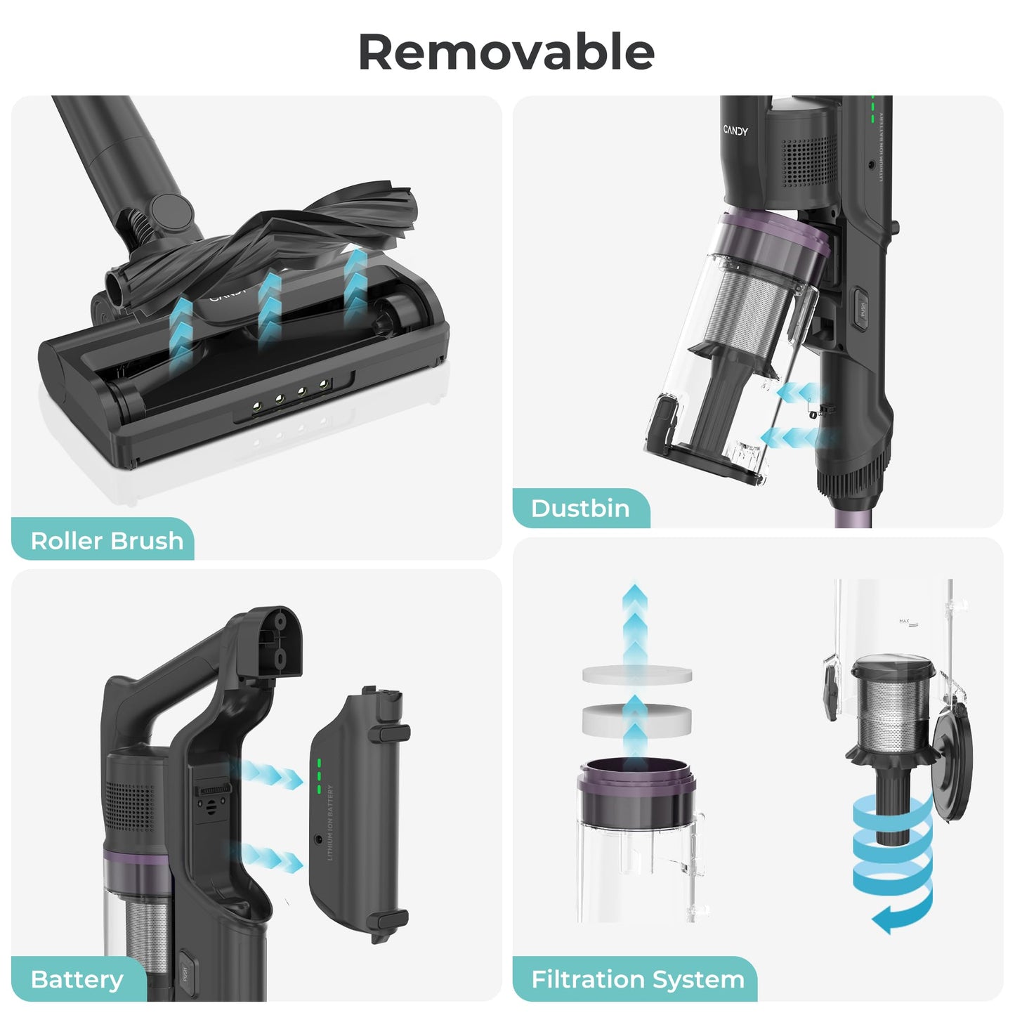 Candy Cordless Vacuum Cleaner,45Mins Vacuum Cleaners for Home,Stick Vacuum,Strong Suction,Removeable Battery,Anti-Tangle,One Click Clean,Lightweight Handheld for Hardwood Floor Carpet Pet Hair Car