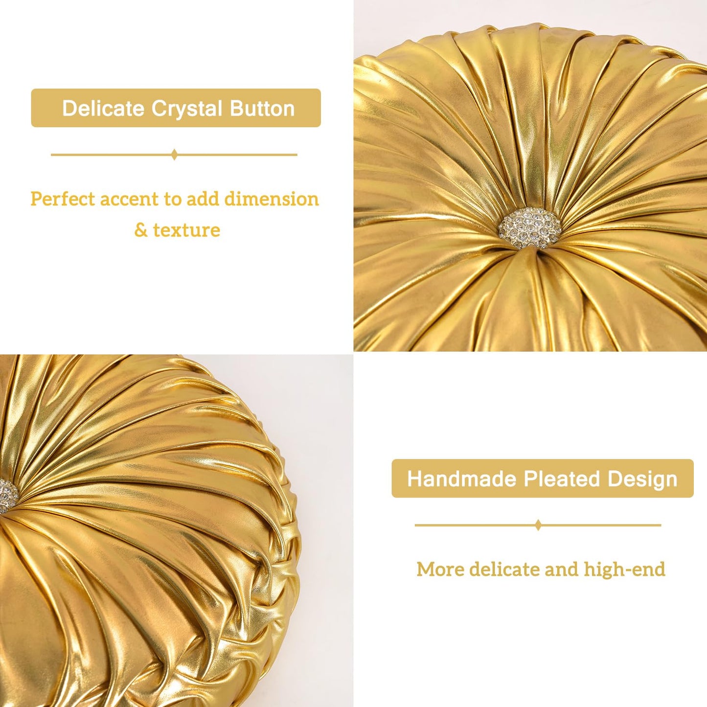 HIG Set of 2 Handcrafted Gold Ruched Round Throw Pillows – 14.5’’ Metallic Leather Decorative Pillows with Soft Polyester Filling for Couch, Bed, Living Room, Bedroom, or Dorm