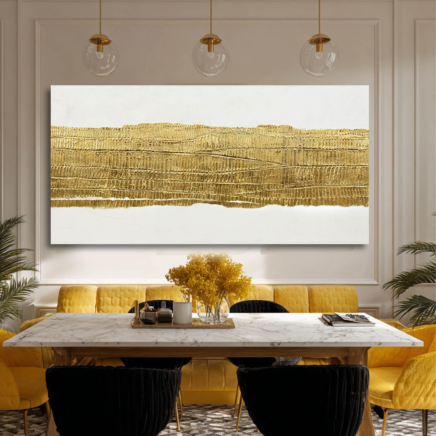 Kureful White and Gold Home Wall Decor Line Wall Decorations Modern Wall Art 24"x48" Decorative Painting for Bedroom Kitchen Pictures