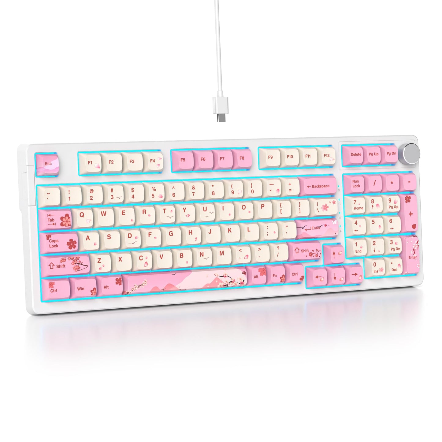 SbocKeeb 96% Wired Mechanical Gaming Keyboard,Gasket Structure RGB Backlit Keyboard,98 Key Hot Swappable Keyboard with Control Knob,NKRO Compact Keyboard with Number Pad for Win/Mac(98 Flower)