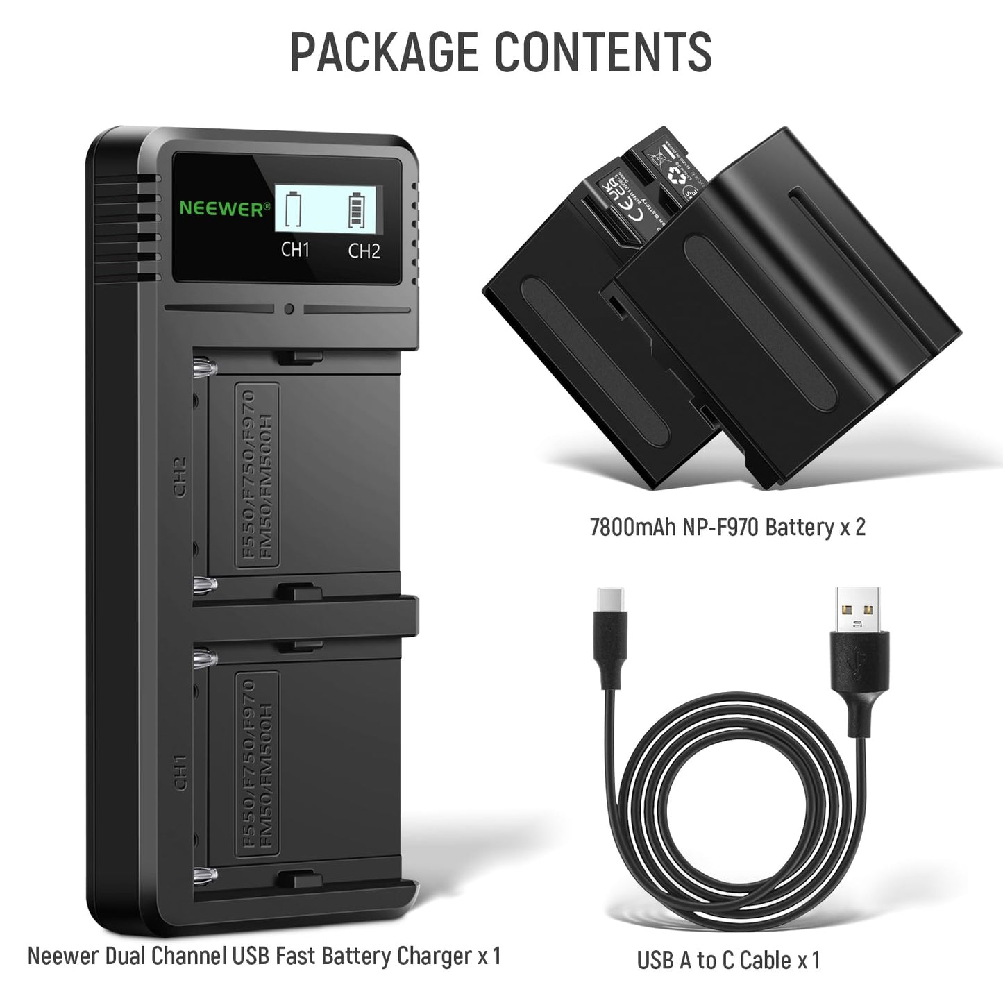 NEEWER 2Pcs NP-F970 7800mAh Replacement Batteries with Charger, Type C Battery Compatible with Sony NP-F970 F960 F950 F770 F750 F570 F550 FX3 FX30 A7 Canon R5 Nikon Z8, For Handycam LED Light Monitor