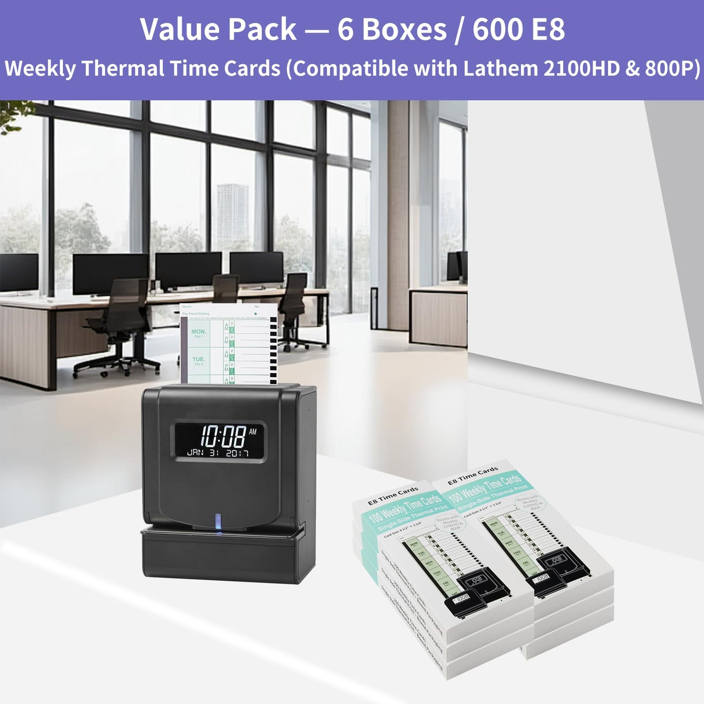 600 E8 Weekly Thermal Time Cards for Employees – Compatible with Lathem 2100HD & 800P Time Clocks – Time Card Pack, Single-Sided with Named Days (600-piece Pack)