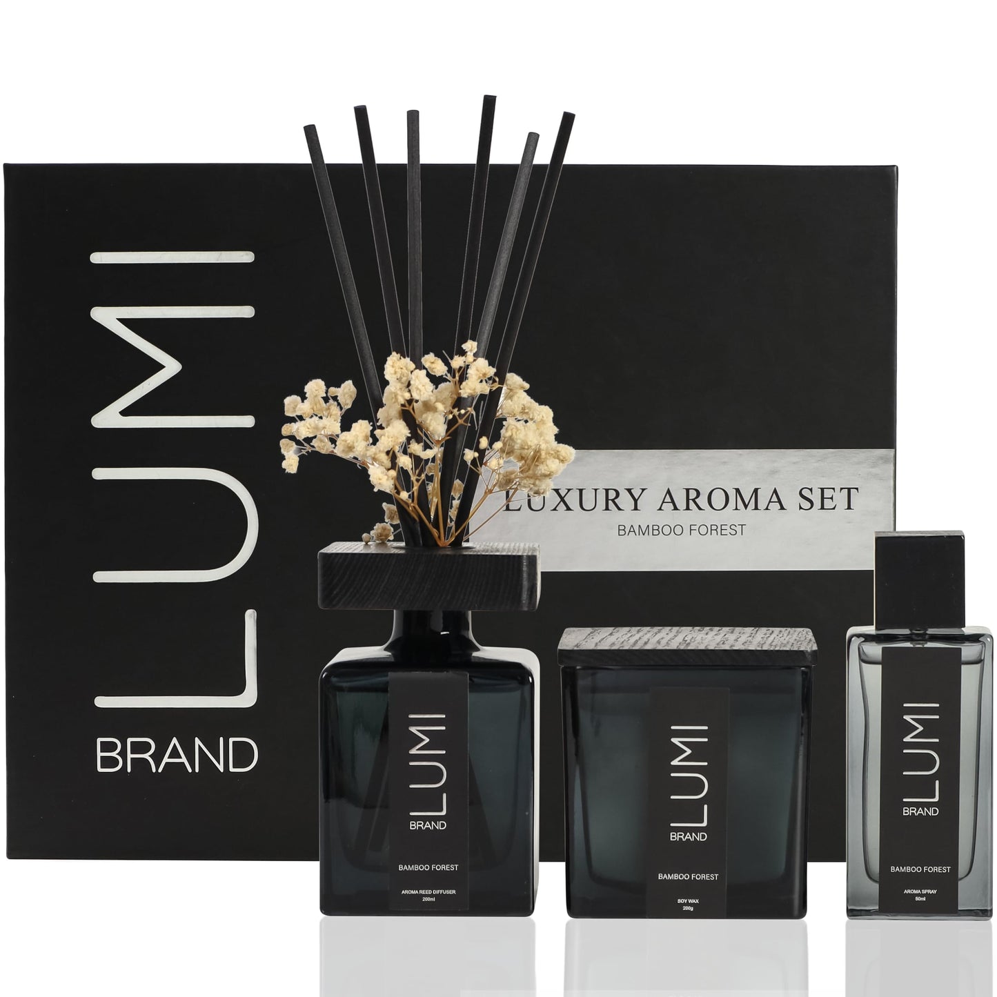 Luxury Aroma Gift Set | Bamboo Forest - Reed Diffuser (200ml), Wood Wick Soy Candle (200g), Room Spray (50ml) | Includes Dried Flowers & 8 Reeds | Luxurious Home Fragrance for Home Décor & Gifts