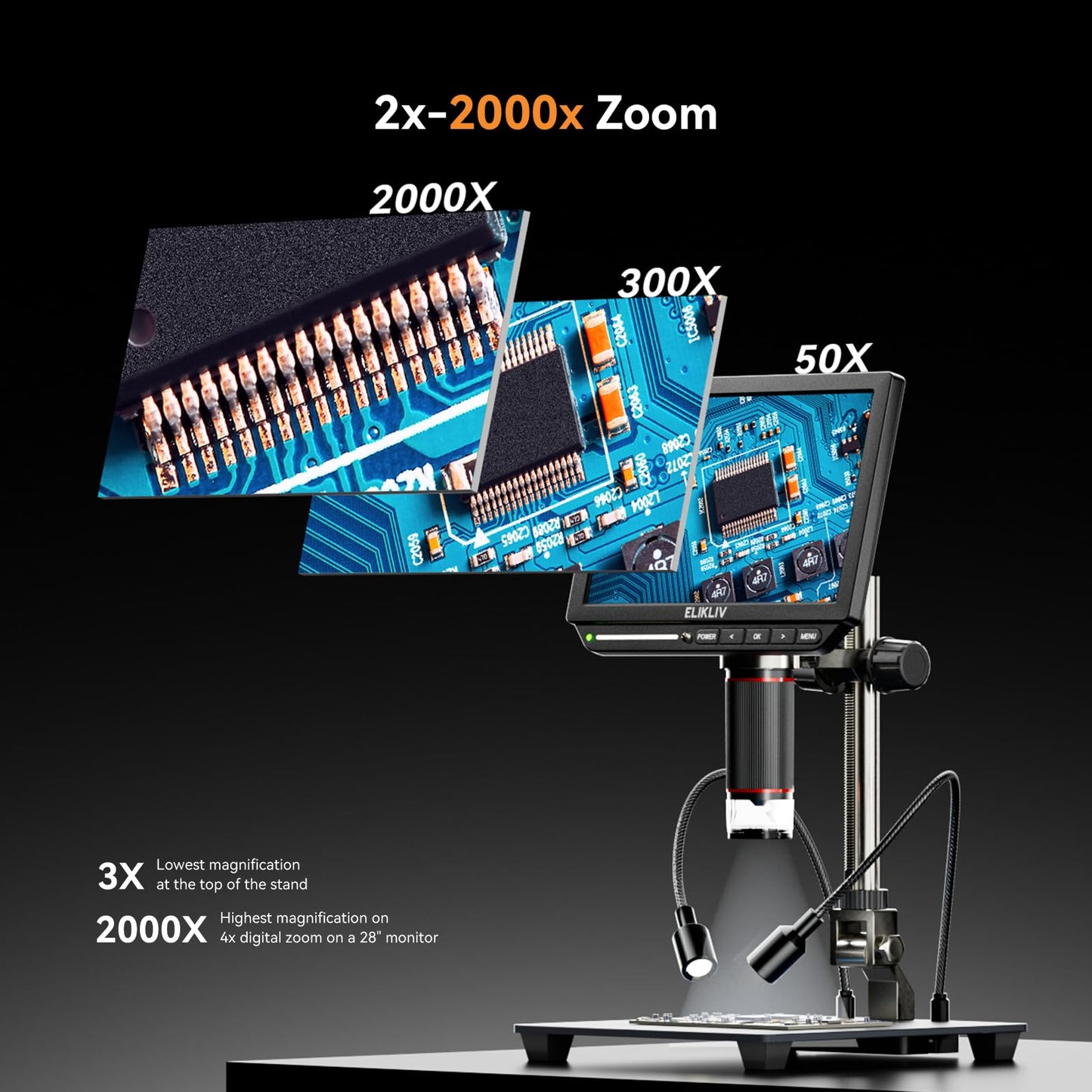 4K Digital Microscope, Elikliv EM4K 8" Coin Microscopes 2000x, 52MP HDMI Microscopes, Soldering Microscope for Adults, Micro scopes for Electronics Repair, 3840P UHD Video Micro socpe, 10" Stand, 64G