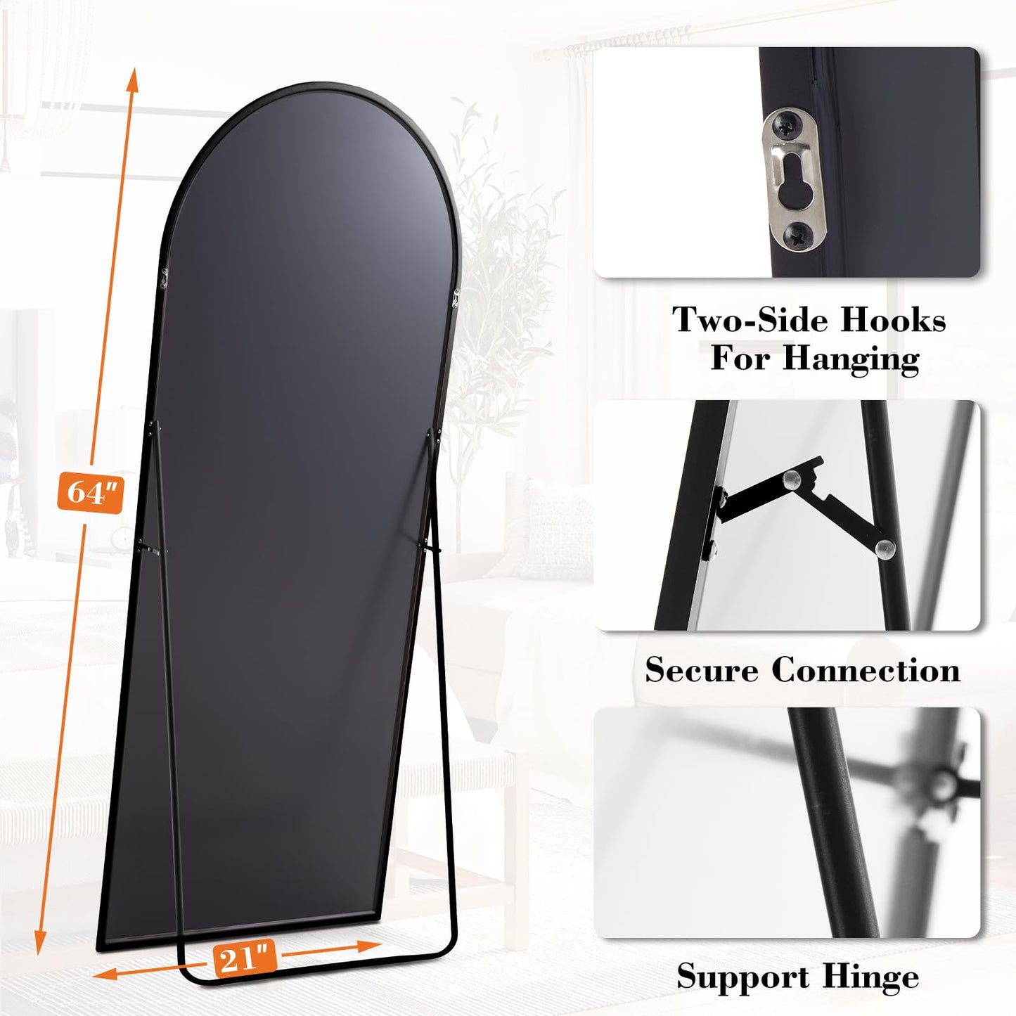 DUMOS 64"x21" Arched Full Length Mirror with Stand, Floor Body Mirror Shatter-proorf Nano Glass with Aluminum Frame, Free Standing or Hanging Leaning Modern Simple Home Decor, Black