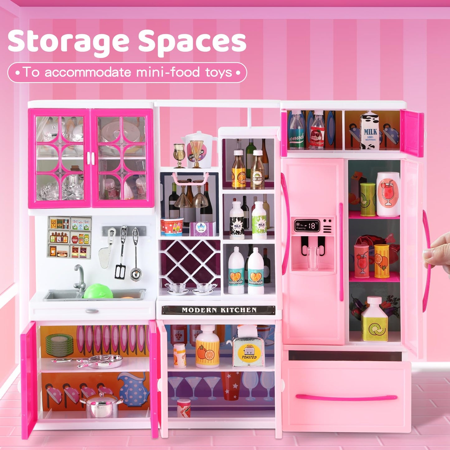 SOCBTNSO 64 PCS Pink Kitchen Toys with Lights Sounds|Mini Kitchen House Furniture Sets for Kids Ages 4-8|Doll Playset Toys for Toddlers 3-5|Birthday Gifts for 3 4 5 6 7 8 Old Girls