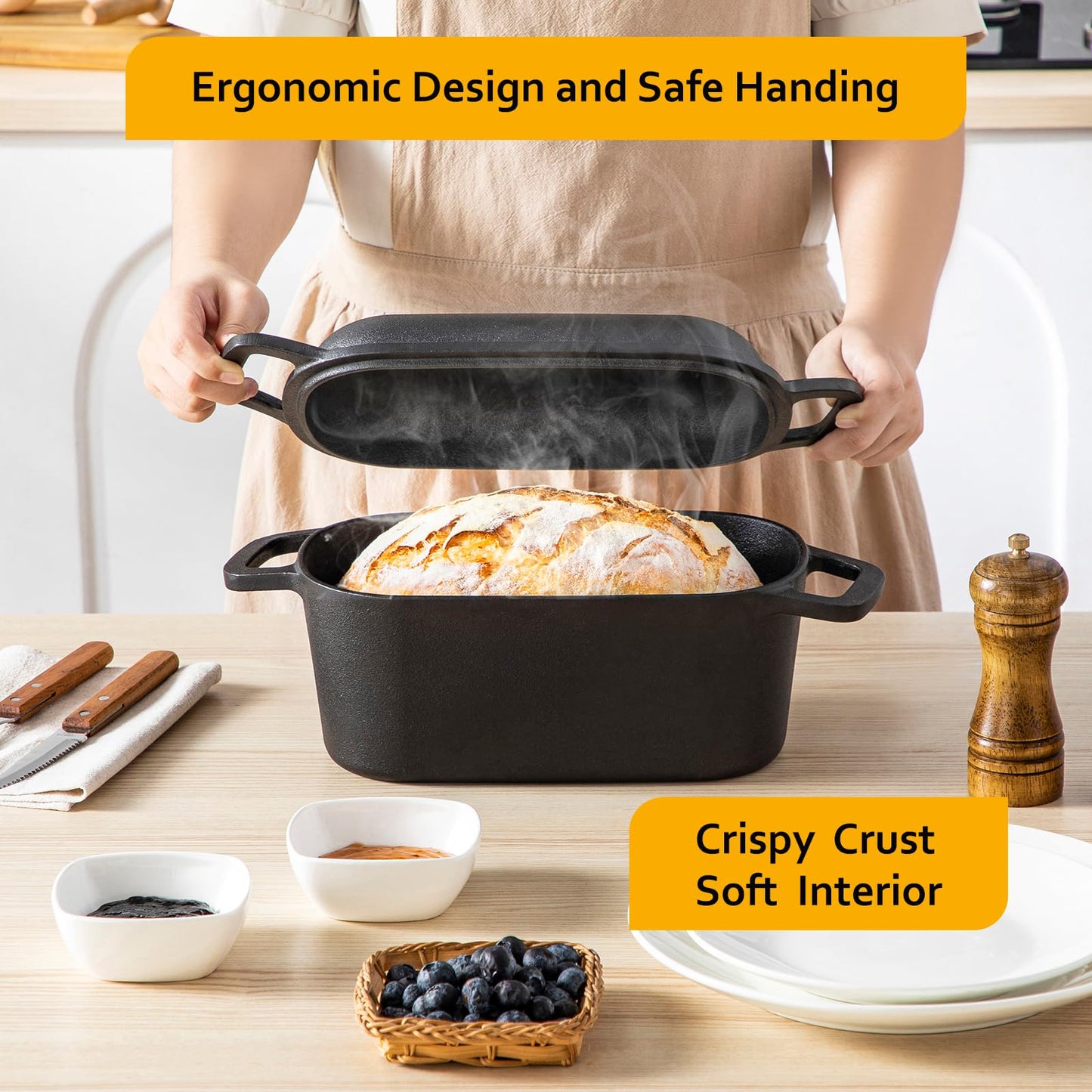 Velaze 3.6QT Dutch Oven for Bread Baking,Oval Cast Iron Bread Oven Pan with Lid and Offset Handles,Oven Safe to 500°F for Homemade Sourdough Bread(Black)
