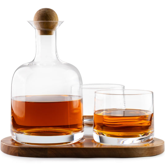 Cork & Mill Whiskey Decanter Set, Hand-Blown Lead-Free Crystal 800ml Liquor Decanter for Bourbon and More, Two 8oz Old Fashioned Glasses, Acacia Wood Stopper & Display Tray, Ideal Whisky Gift Set